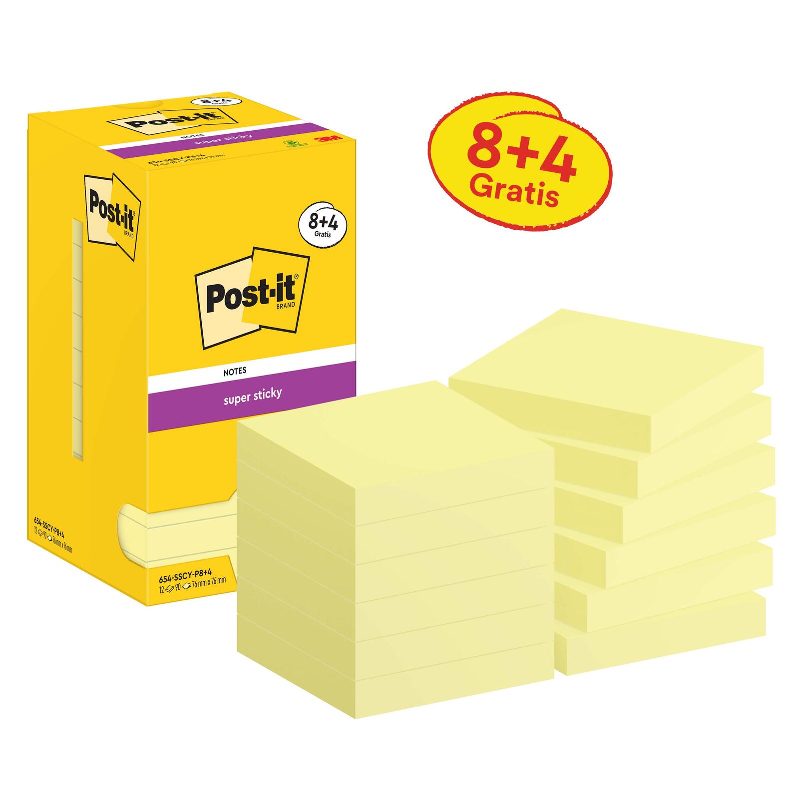 3M 8+ 4 GRATIS Post-it Super Sticky Haftnotizen extrastark gelb 8 Blcke+ GRATIS 4