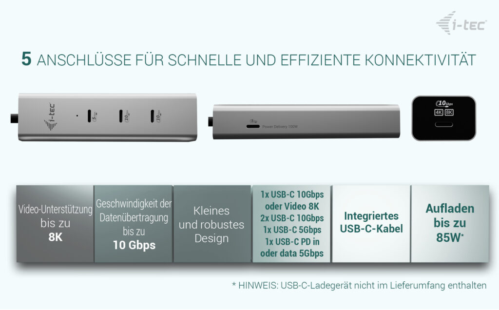 i-tec Hub - metal, 8K video, 85W - 1 x USB-C 3.2 Gen 1 + 1 x USB-C 3.2 Gen 1 (Spannungsversorgung)