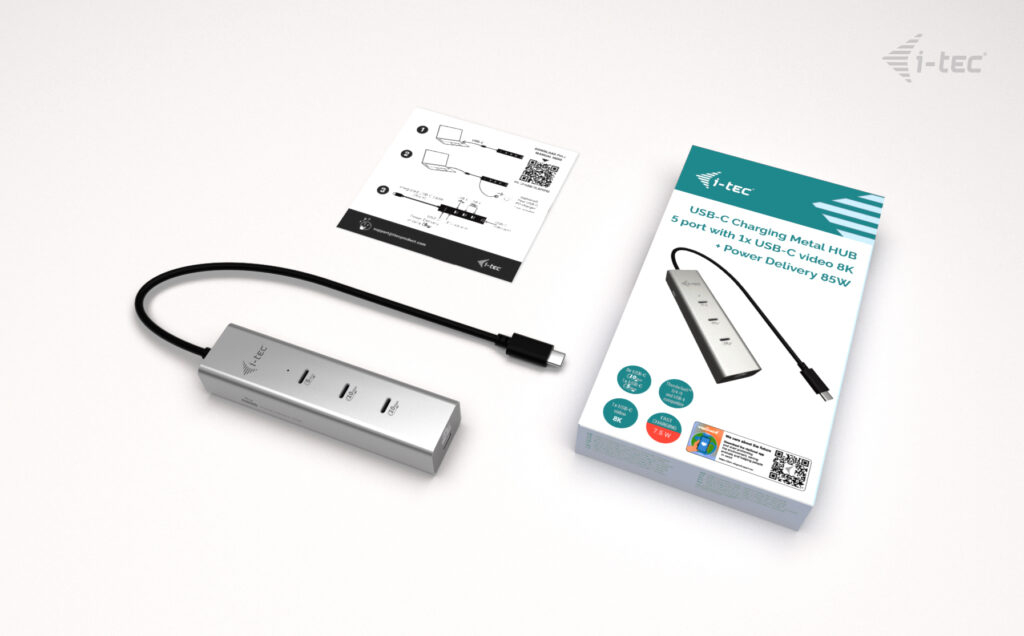 i-tec Hub - metal, 8K video, 85W - 1 x USB-C 3.2 Gen 1 + 1 x USB-C 3.2 Gen 1 (Spannungsversorgung)