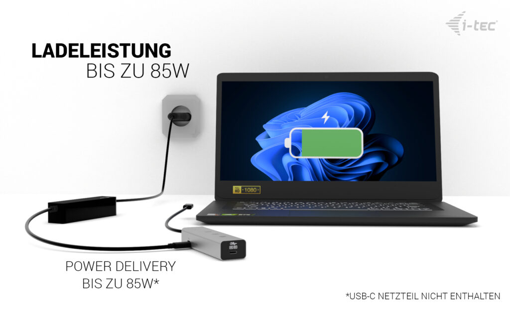i-tec Hub - metal, 8K video, 85W - 1 x USB-C 3.2 Gen 1 + 1 x USB-C 3.2 Gen 1 (Spannungsversorgung)
