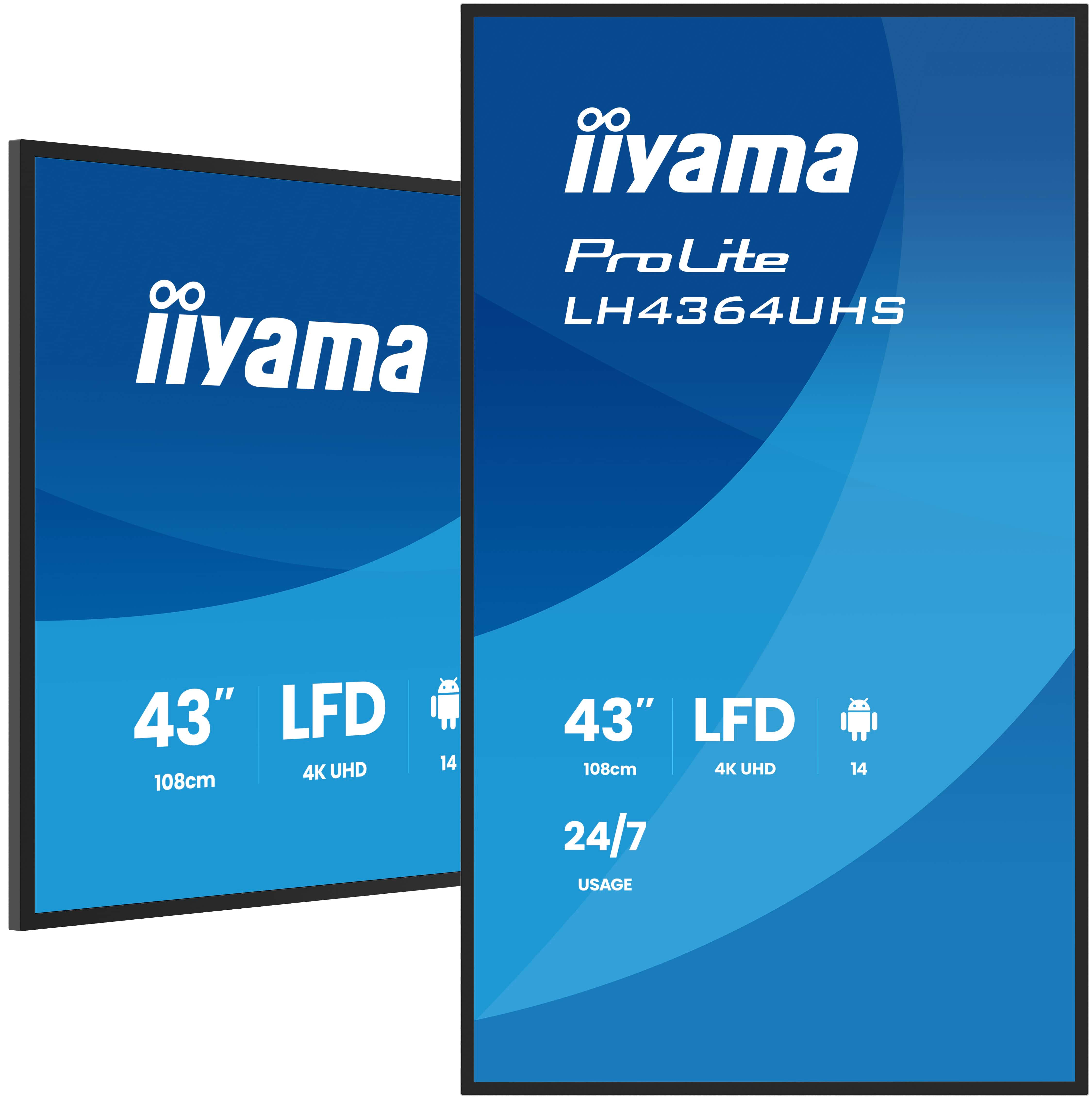 iiyama LH4364UHS-B1AG pantalla de se�alizaci�n Pantalla plana para se�alizaci�n digital 109,2 cm (43) LED Wifi 500 cd / m� 4K Ultra HD Negro Android 24/7