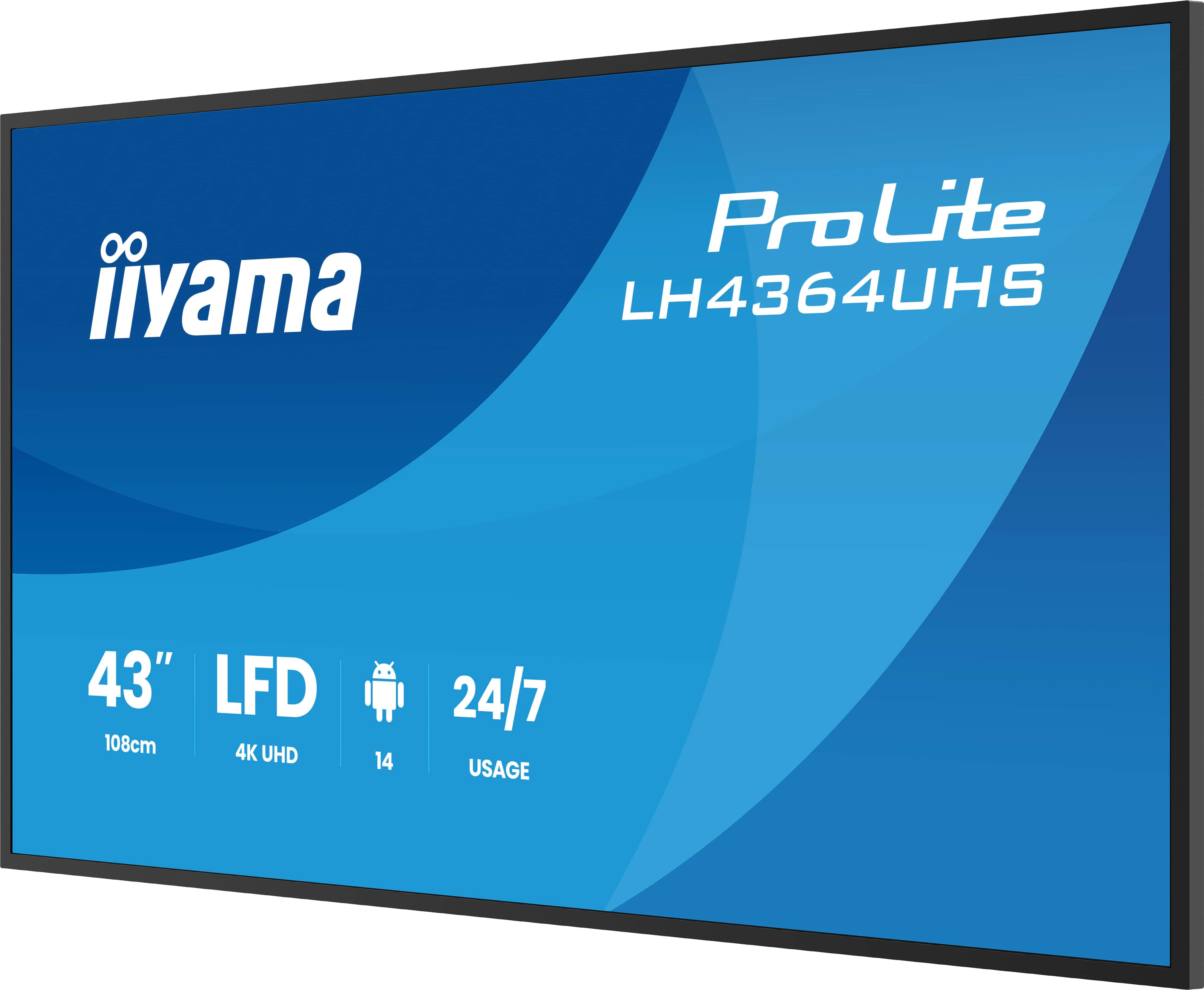 iiyama LH4364UHS-B1AG pantalla de se�alizaci�n Pantalla plana para se�alizaci�n digital 109,2 cm (43) LED Wifi 500 cd / m� 4K Ultra HD Negro Android 24/7