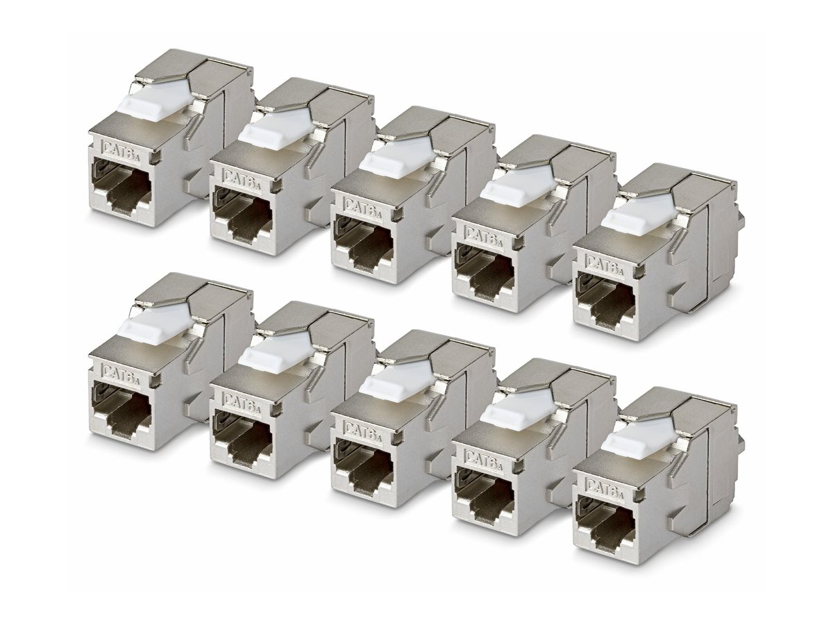 StarTech.com Shielded Cat6a Keystone Jack, 10-Pack RJ45 Ethernet Keystone Jacks, STP Cat6a Wall Jack, 180-Degree Toolless