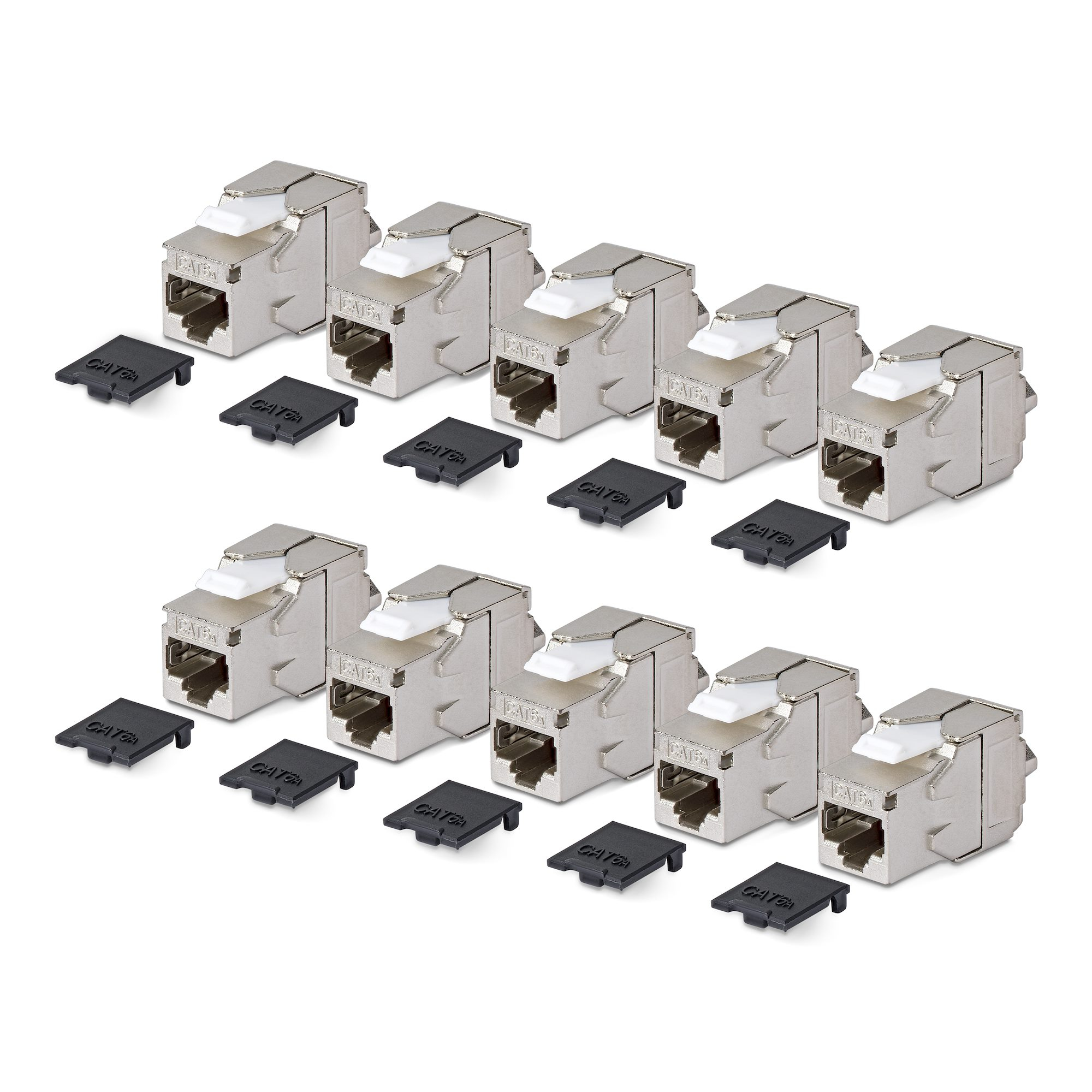 StarTech.com Shielded Cat6a Keystone Jack, 10-Pack RJ45 Ethernet Keystone Jacks, STP Cat6a Wall Jack, 180-Degree Toolless