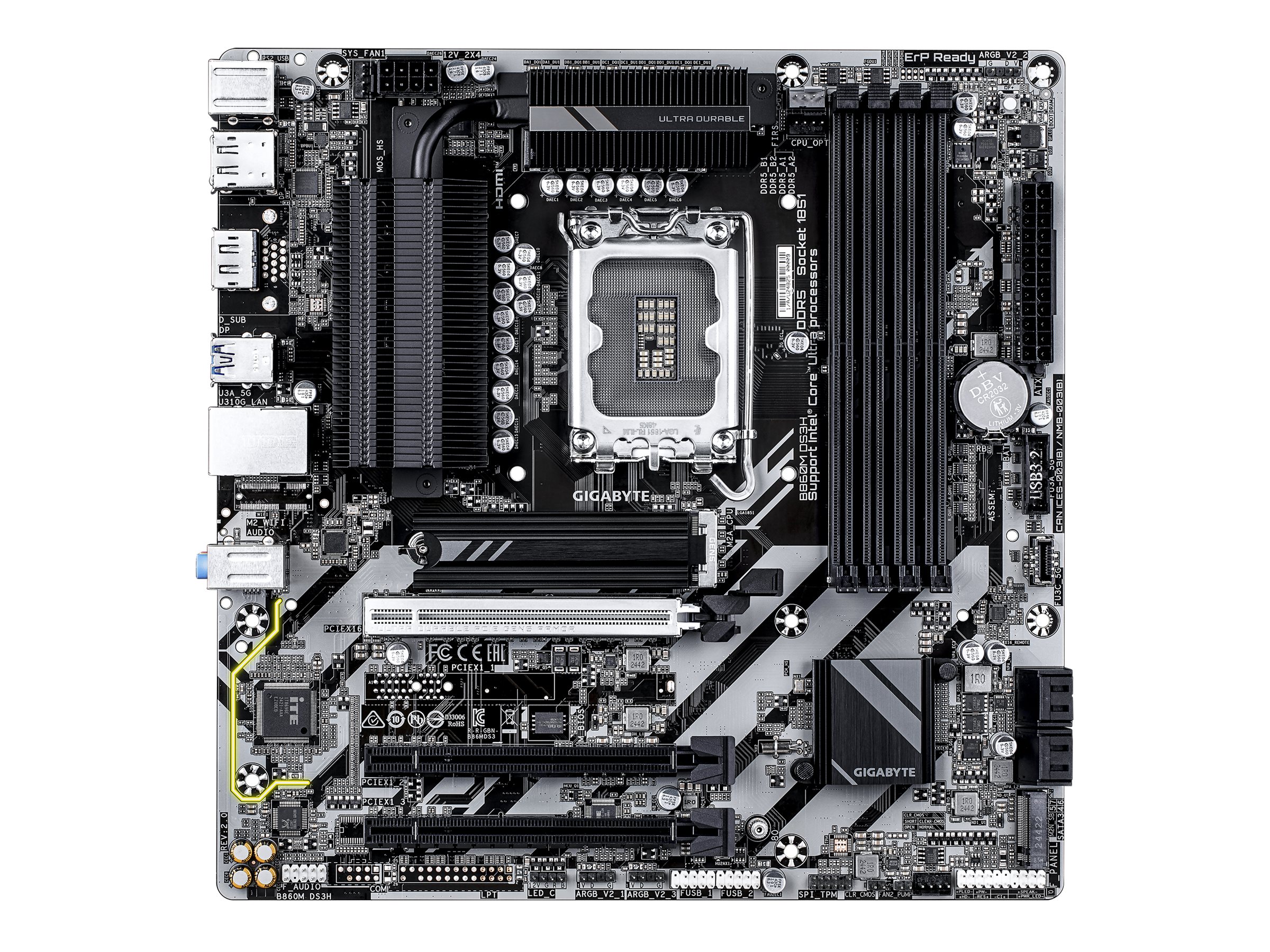 Gigabyte B860M DS3H - 2.0 - Motherboard - micro ATX - LGA1851 Sockel - B860 Chipsatz - USB-C 3.2 Gen 1, USB 3.2 Gen 2, USB 3.2 Gen 1 - 2.5 Gigabit LAN - Onboard-Grafik (CPU erforderlich)