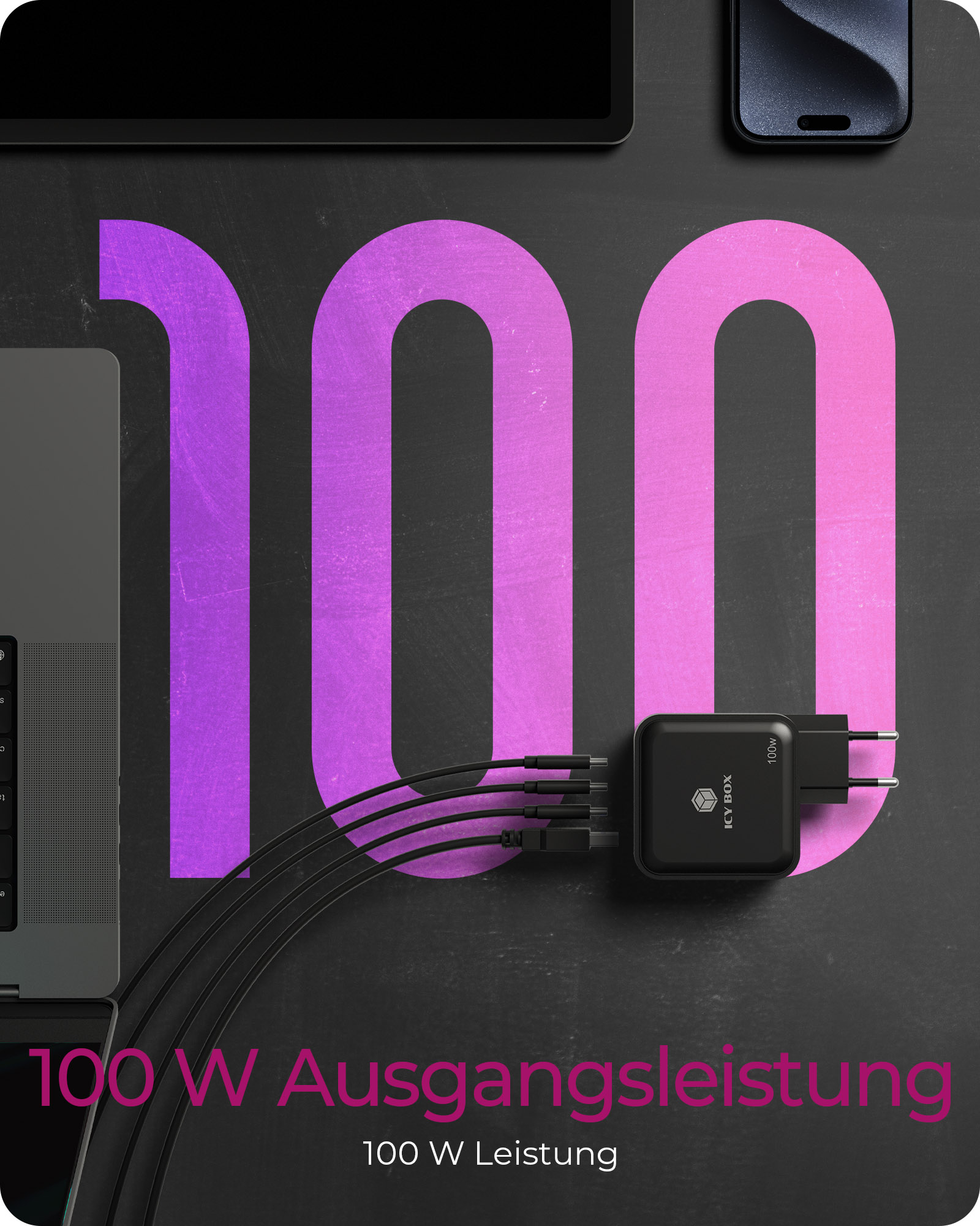ICY BOX IB-PS1040-PD - Netzteil - GaN - 100 Watt - 5 A - PD 2.0, PD 3.0, QC 3.0, QC 2.0 - 4 Ausgabeanschlussstellen (3 x USB-C, USB)
