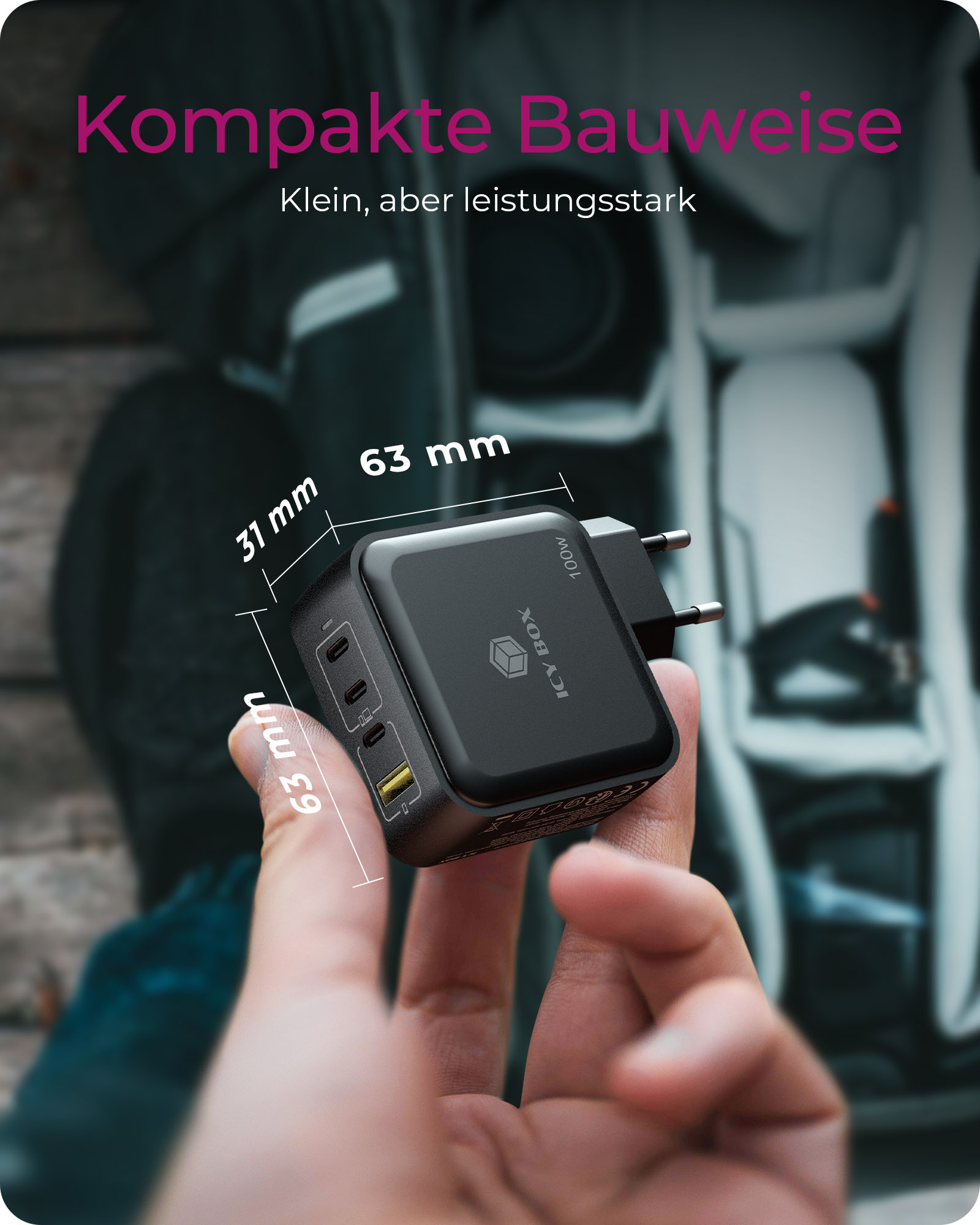 ICY BOX IB-PS1040-PD - Netzteil - GaN - 100 Watt - 5 A - PD 2.0, PD 3.0, QC 3.0, QC 2.0 - 4 Ausgabeanschlussstellen (3 x USB-C, USB)
