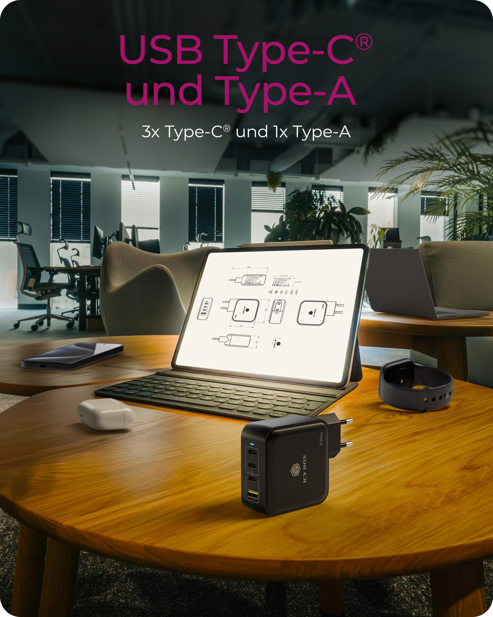 ICY BOX IB-PS1040-PD - Netzteil - GaN - 100 Watt - 5 A - PD 2.0, PD 3.0, QC 3.0, QC 2.0 - 4 Ausgabeanschlussstellen (3 x USB-C, USB)