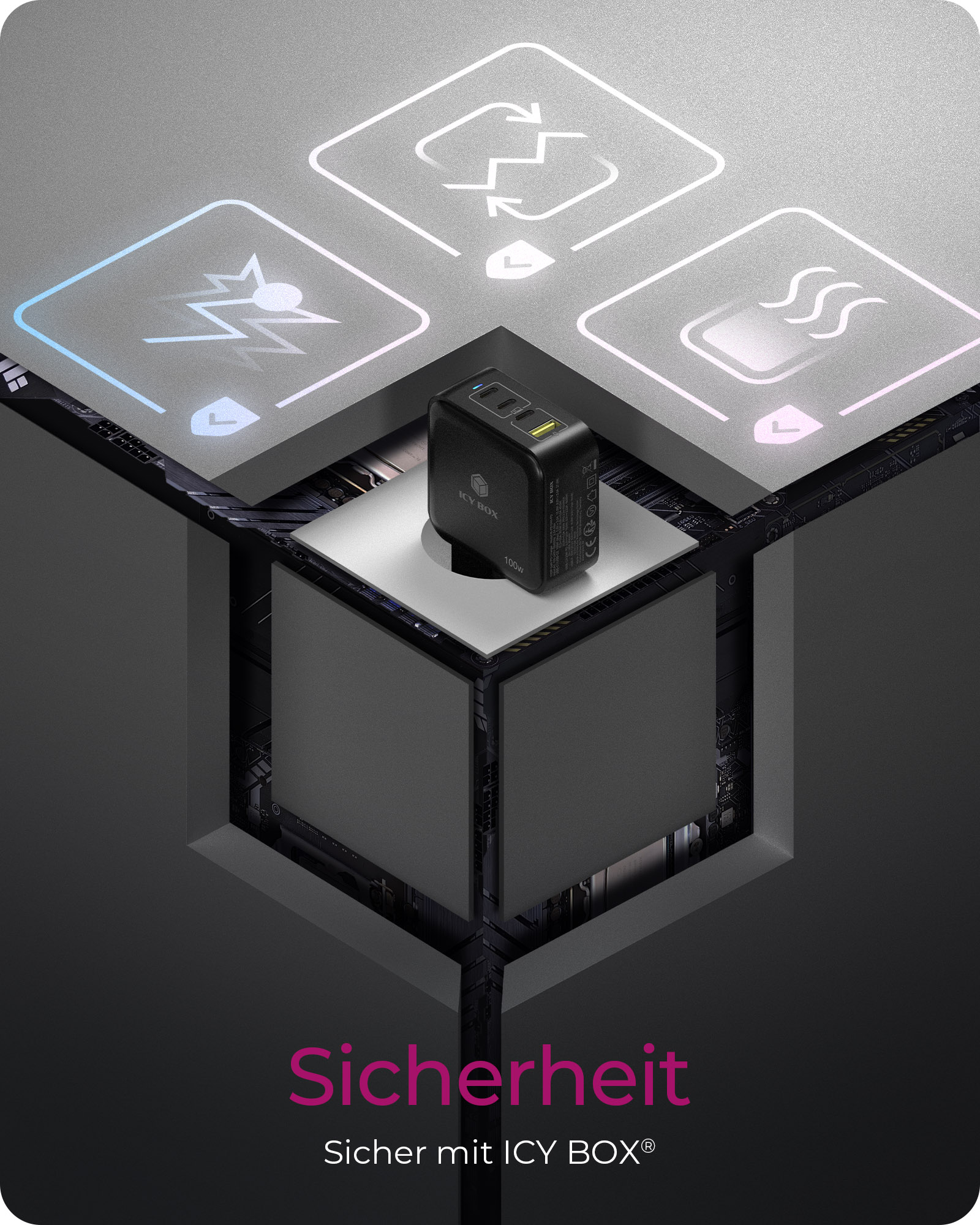 ICY BOX IB-PS1040-PD - Netzteil - GaN - 100 Watt - 5 A - PD 2.0, PD 3.0, QC 3.0, QC 2.0 - 4 Ausgabeanschlussstellen (3 x USB-C, USB)