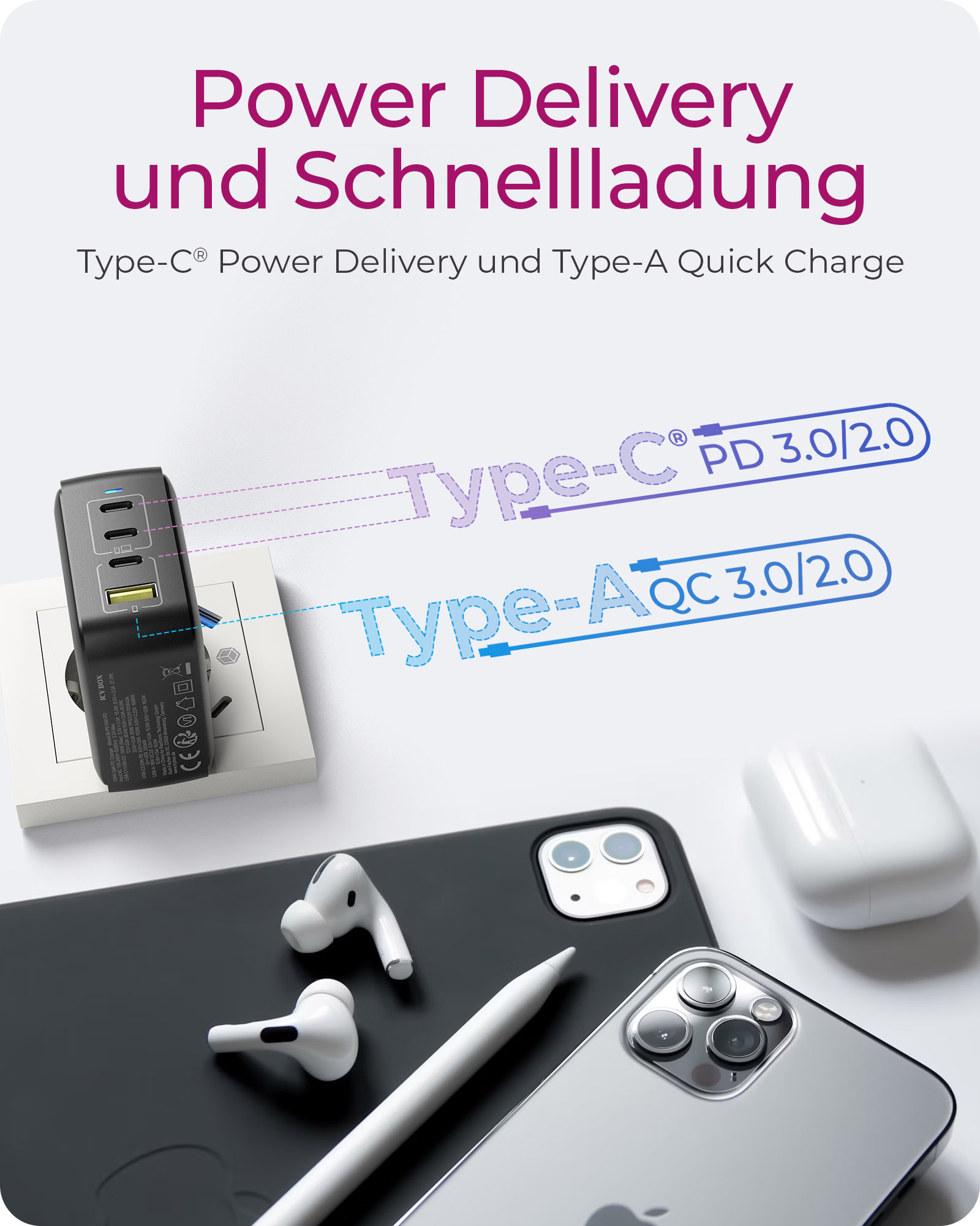 ICY BOX IB-PS1040-PD - Netzteil - GaN - 100 Watt - 5 A - PD 2.0, PD 3.0, QC 3.0, QC 2.0 - 4 Ausgabeanschlussstellen (3 x USB-C, USB)