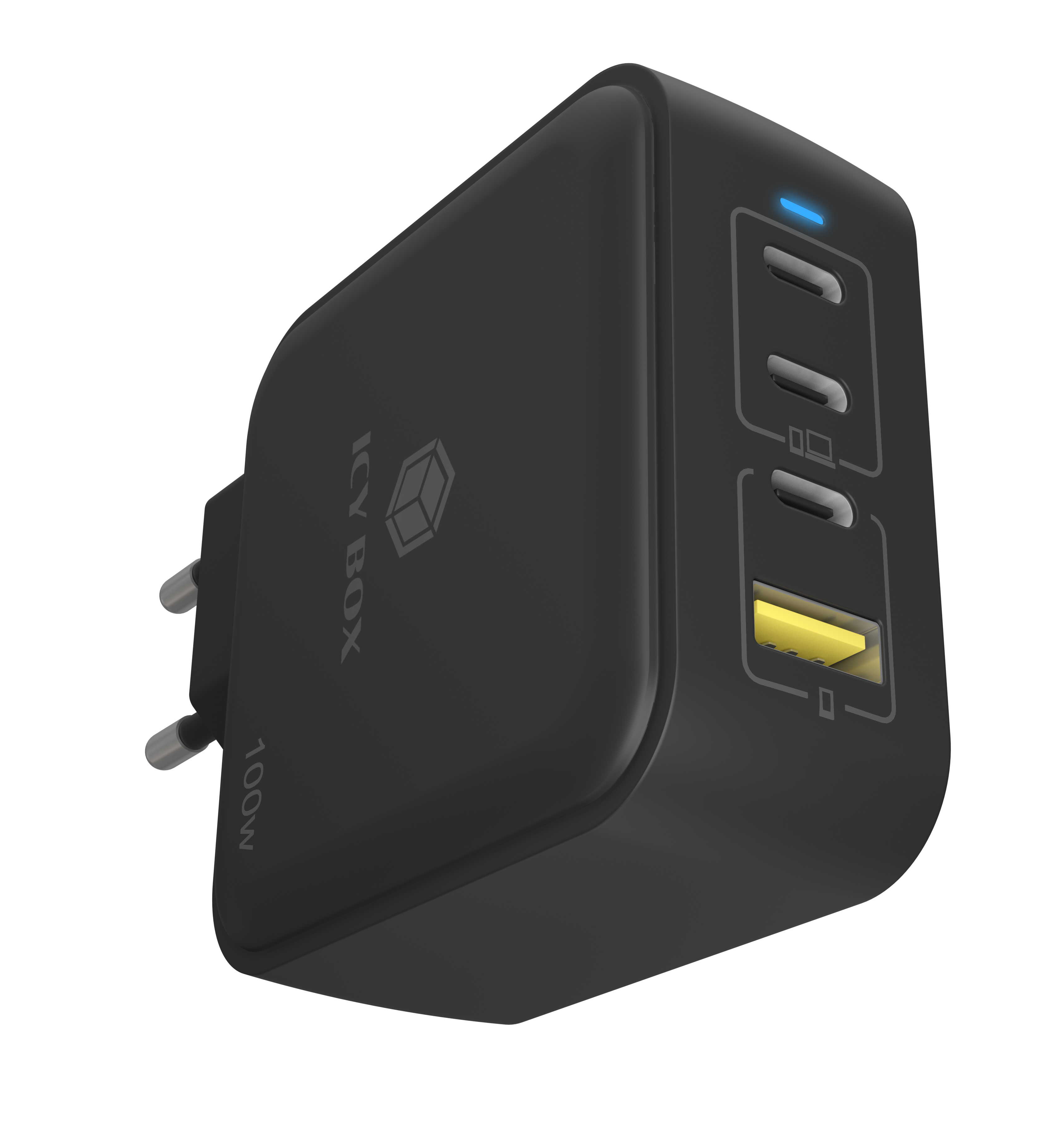 ICY BOX IB-PS1040-PD - Netzteil - GaN - 100 Watt - 5 A - PD 2.0, PD 3.0, QC 3.0, QC 2.0 - 4 Ausgabeanschlussstellen (3 x USB-C, USB)