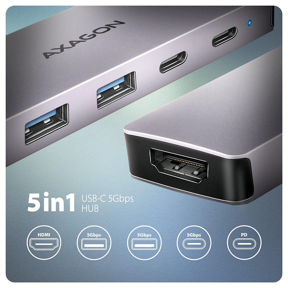 Axagon HMC-5H60 replicatore di porte e docking station per laptop Cablato USB 3.2 Gen 1 (3.1 Gen 1) Type-C Grigio