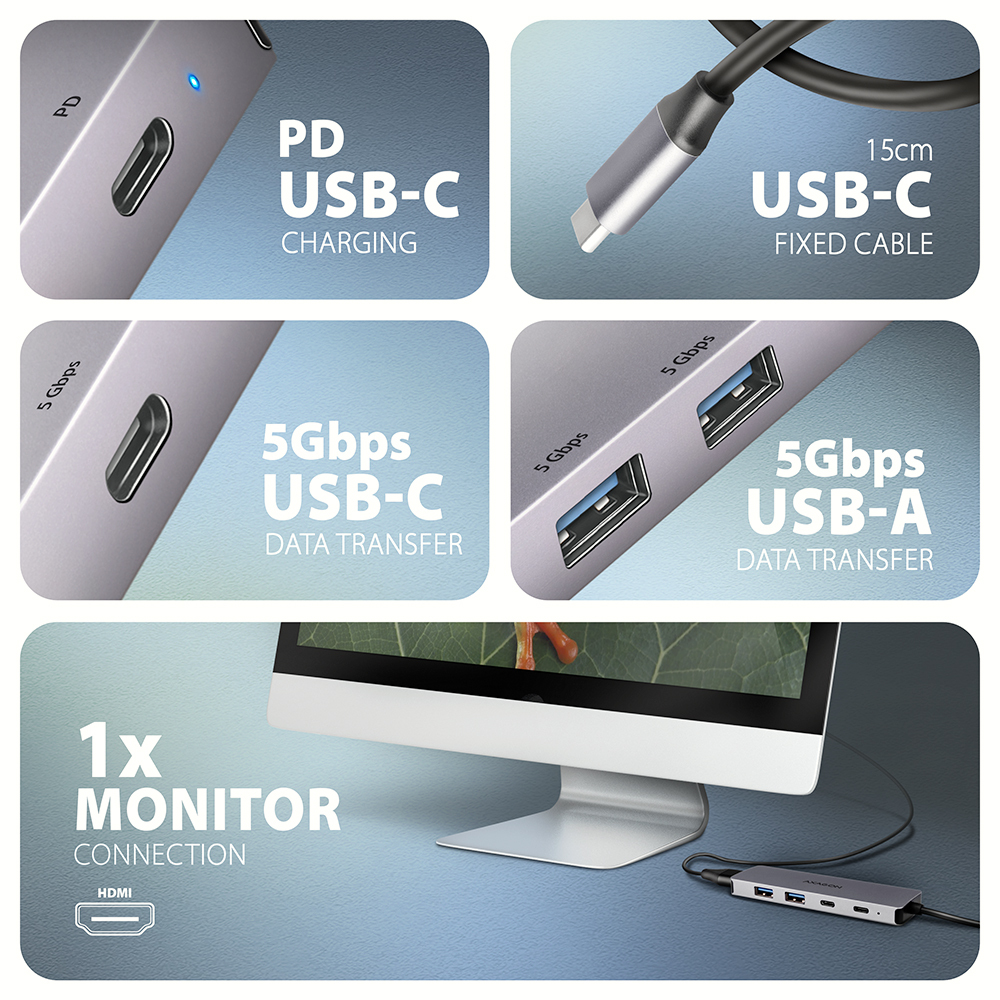 Axagon HMC-5H60 replicatore di porte e docking station per laptop Cablato USB 3.2 Gen 1 (3.1 Gen 1) Type-C Grigio
