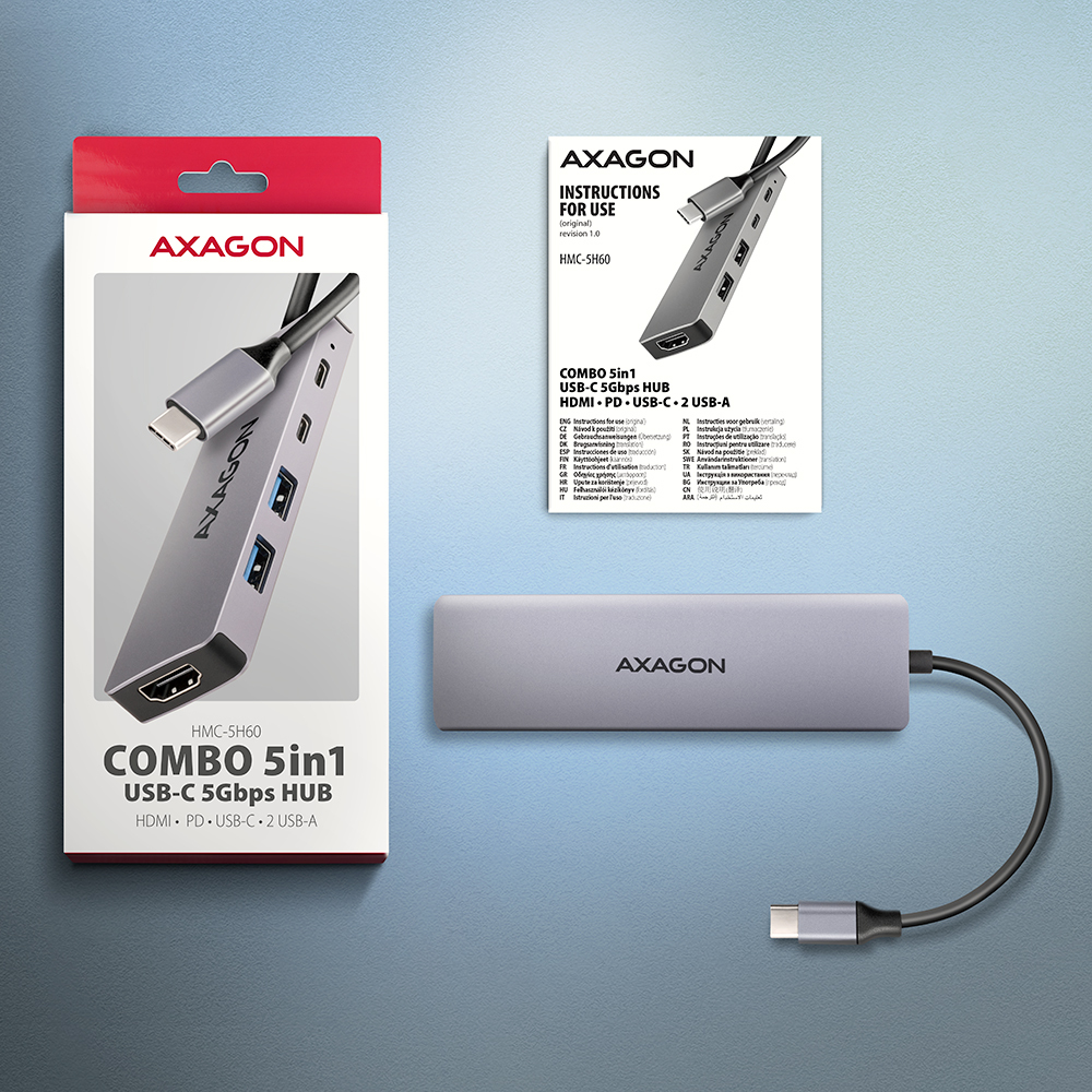 Axagon HMC-5H60 replicatore di porte e docking station per laptop Cablato USB 3.2 Gen 1 (3.1 Gen 1) Type-C Grigio
