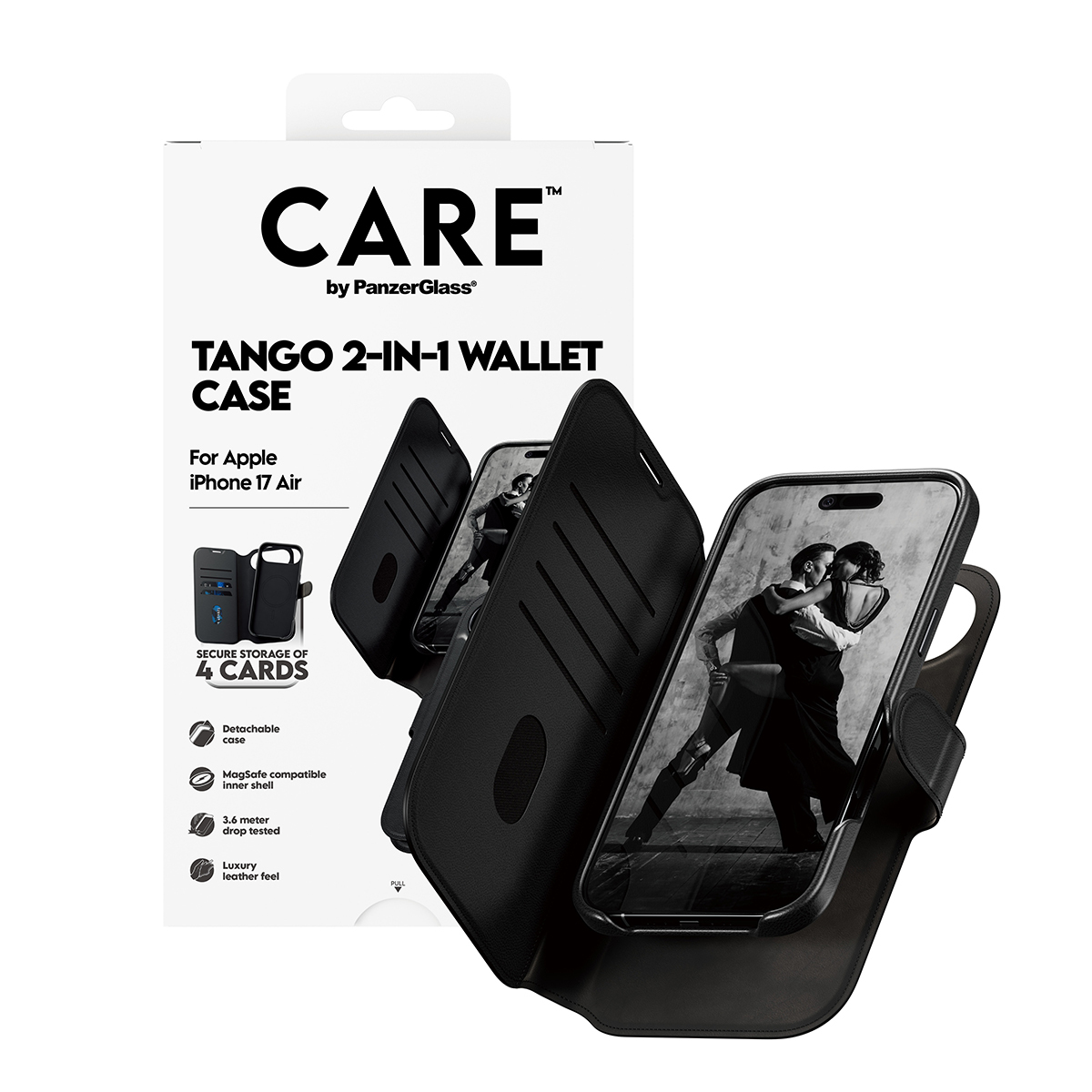 PanzerGlass CARE by � Feature Case Tango Two-in-One Wallet w. MagSafe iPhone 17 Air custodia per cellulare Cover Nero