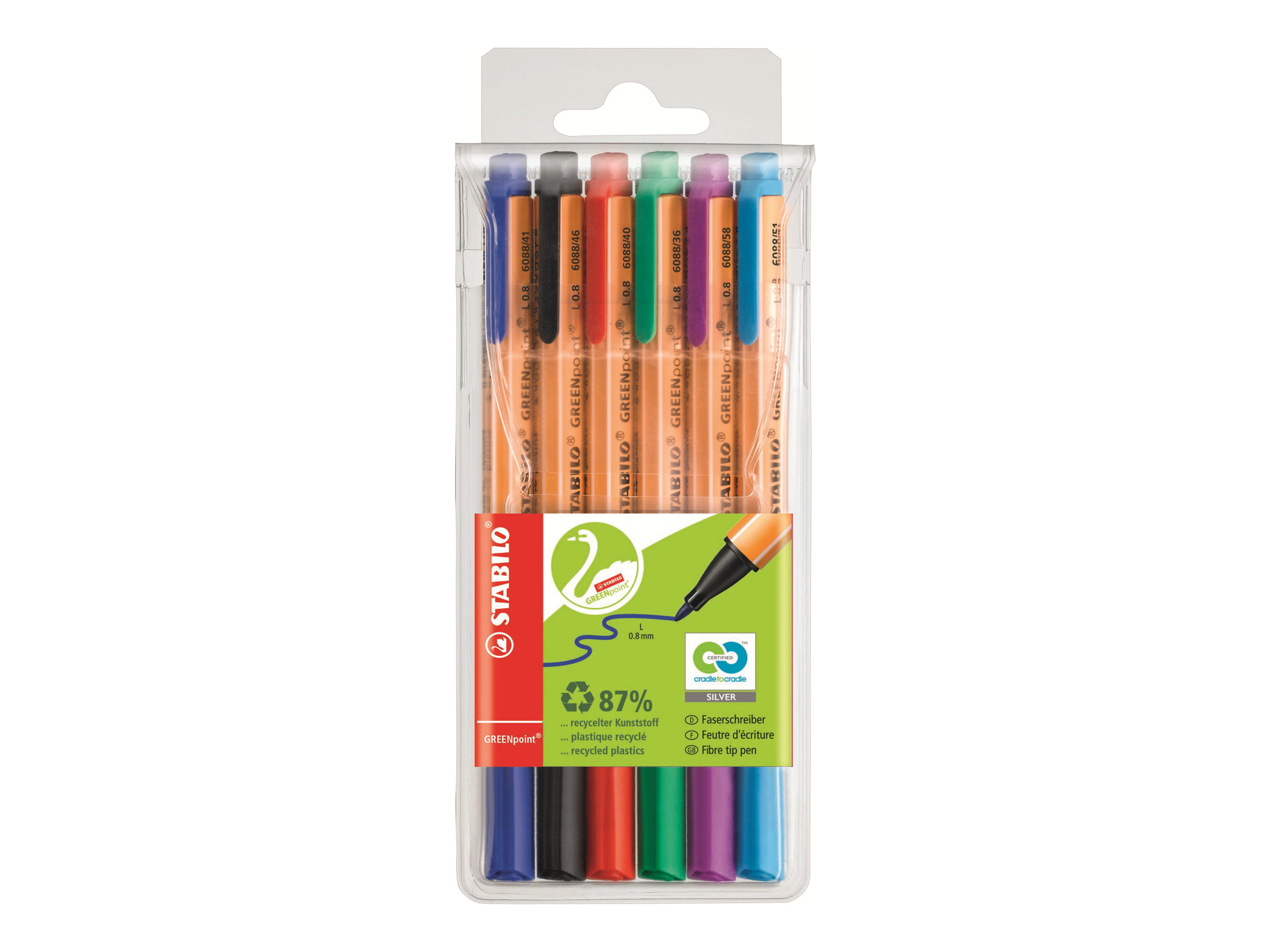 STABILO GREENpoint - Filzstift - Schwarz, Rot, Blau, Gr�n, T�rkis, fliederfarben� - 0.8 mm - gro� (Packung mit 6)