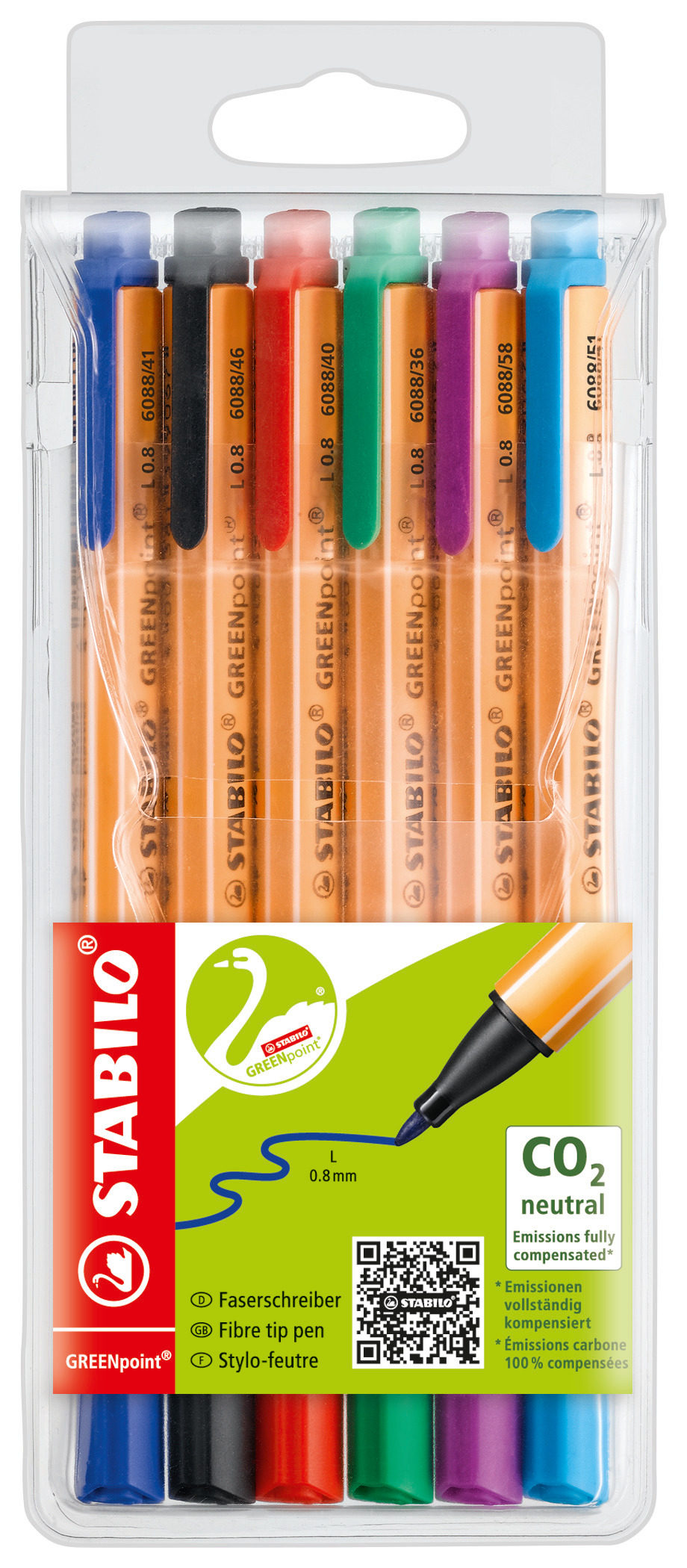 STABILO GREENpoint - Filzstift - Schwarz, Rot, Blau, Gr�n, T�rkis, fliederfarben� - 0.8 mm - gro� (Packung mit 6)