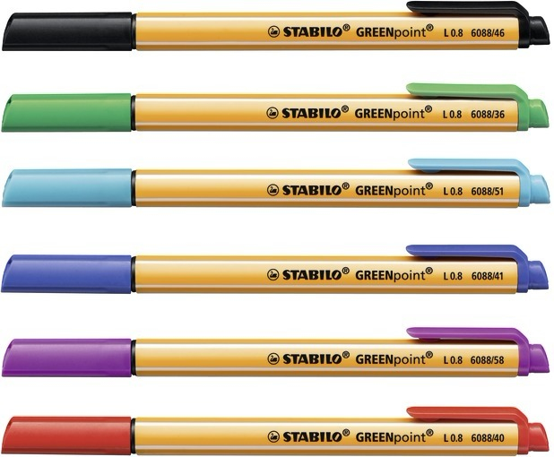 STABILO GREENpoint - Filzstift - Schwarz, Rot, Blau, Gr�n, T�rkis, fliederfarben� - 0.8 mm - gro� (Packung mit 6)