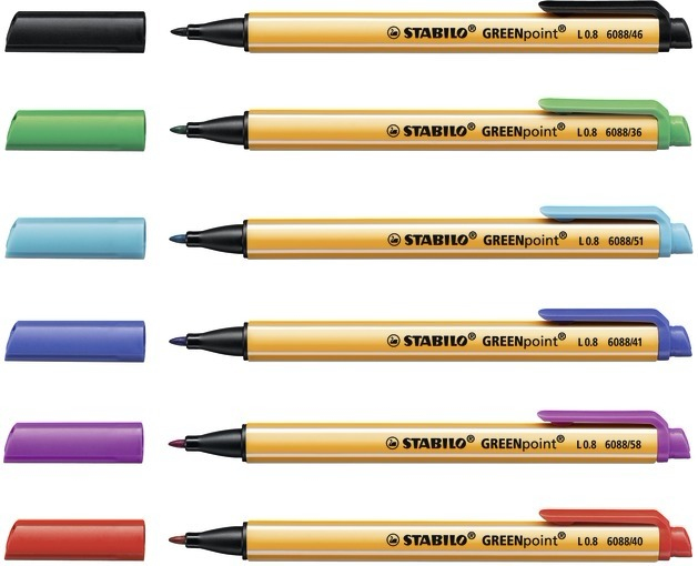 STABILO GREENpoint - Filzstift - Schwarz, Rot, Blau, Gr�n, T�rkis, fliederfarben� - 0.8 mm - gro� (Packung mit 6)