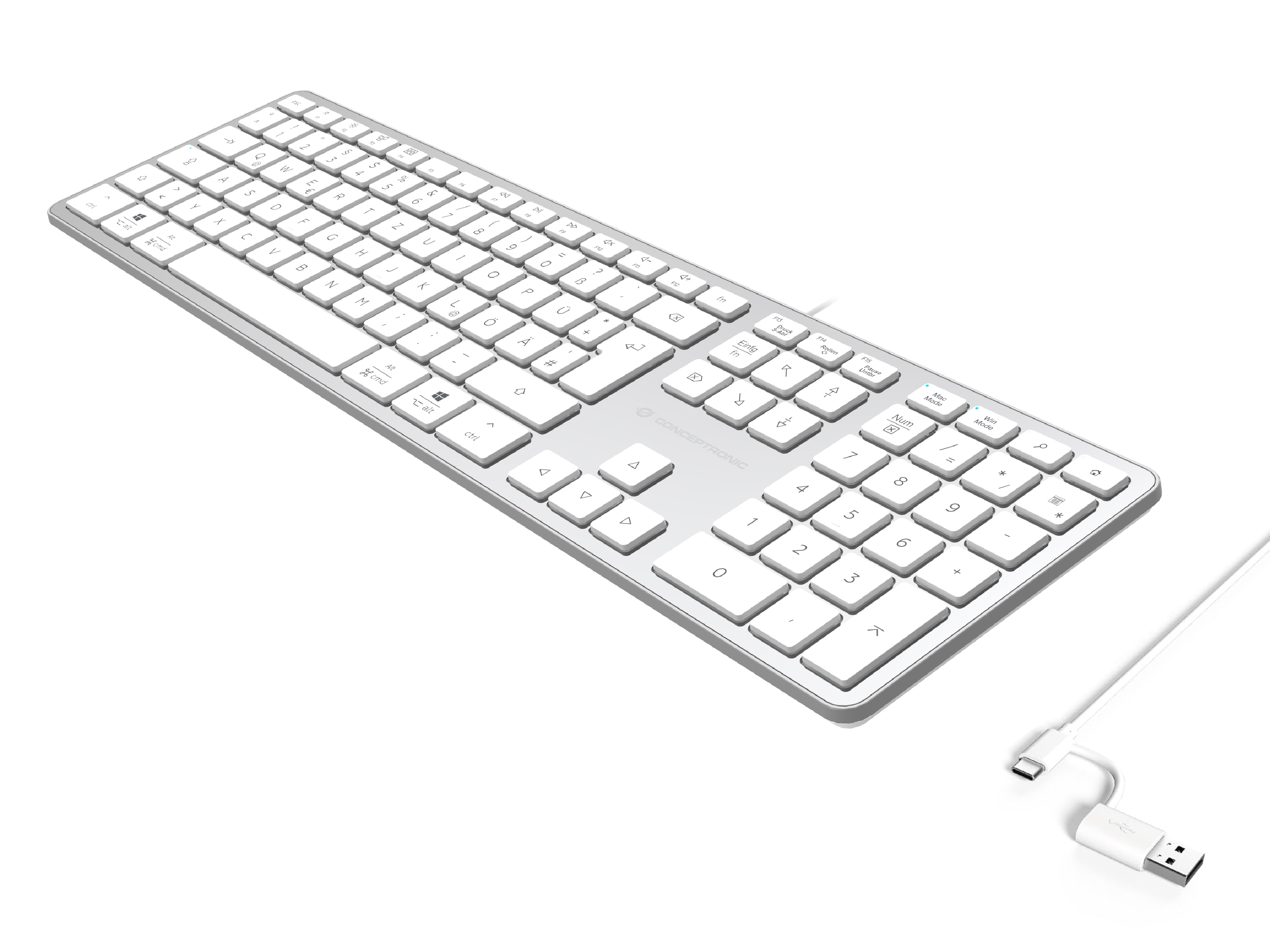 Conceptronic USB Tastatur slim USB-A/USB-C Layout DE ws - Tastatur - QWERTZ