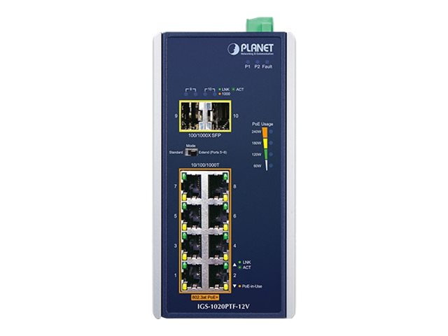 Planet IGS-1020PTF-12V - Switch - unmanaged - 8 x 10/100/1000 (PoE+)