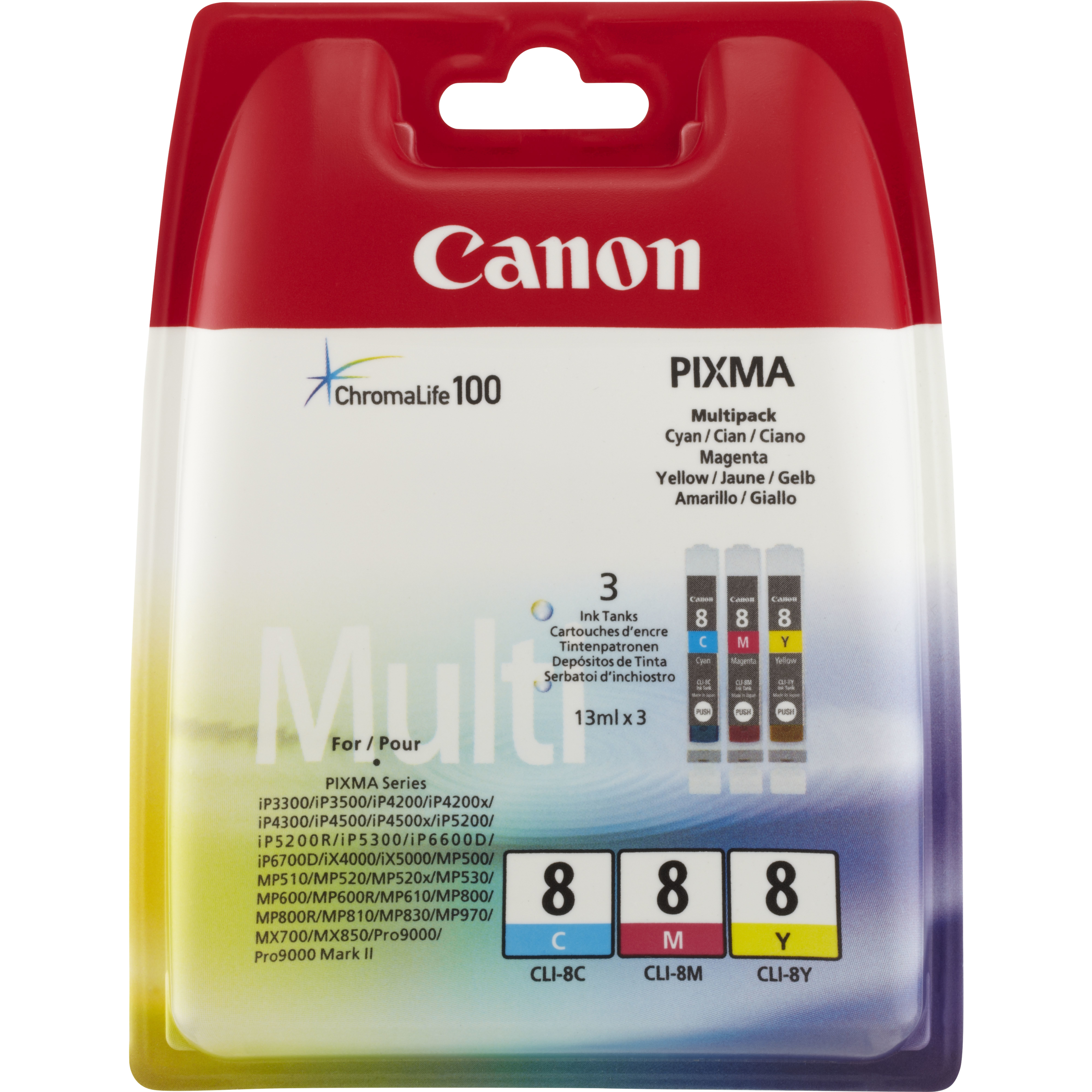 Canon CLI-8 Multipack - 0621B029 - Tinte Gelb, Cyan, Magenta - fr  PIXMA iP6600D, iP6700D, Pro9000, Pro9000 Mark II