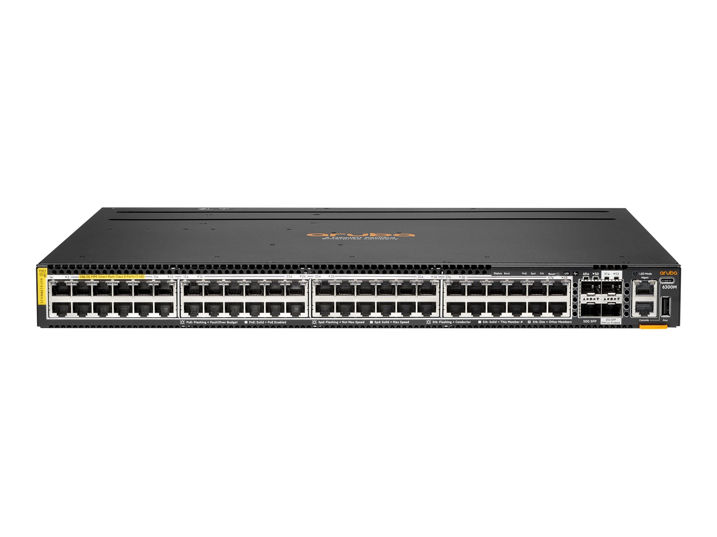 HPE Aruba 6300M Switch 48 Port Smart Rate 1/2,5/5/10G Class 8 PoE and 2 Port 50G and 2 Port 25G Layer 3 Stackable 1U One Touch
