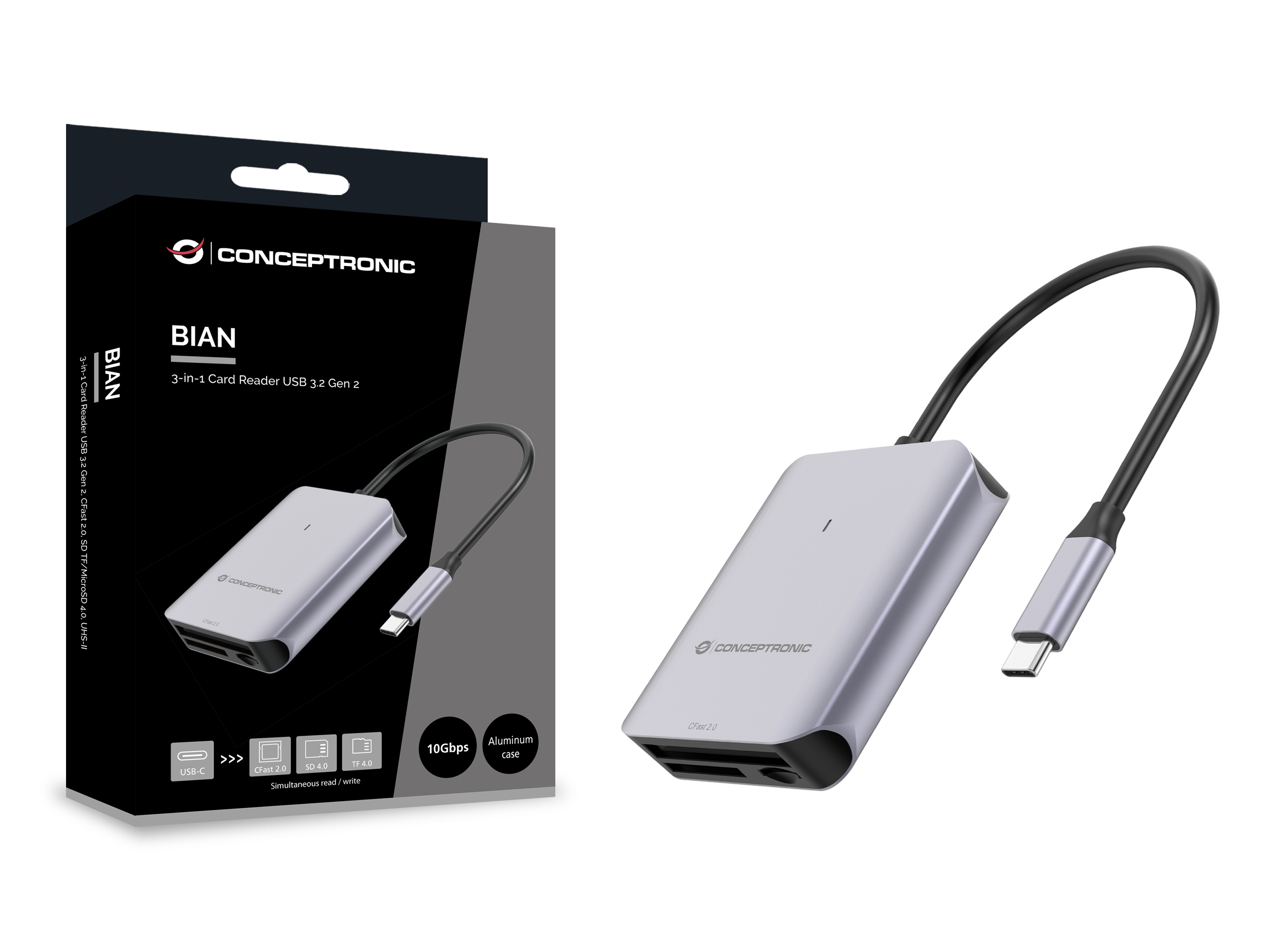 Conceptronic Card USB 3.2 Gen2 CFast SD/TF 4.0 UHS-II - Card-Reader - CompactFlash ATA Serial Transfer (CFast)