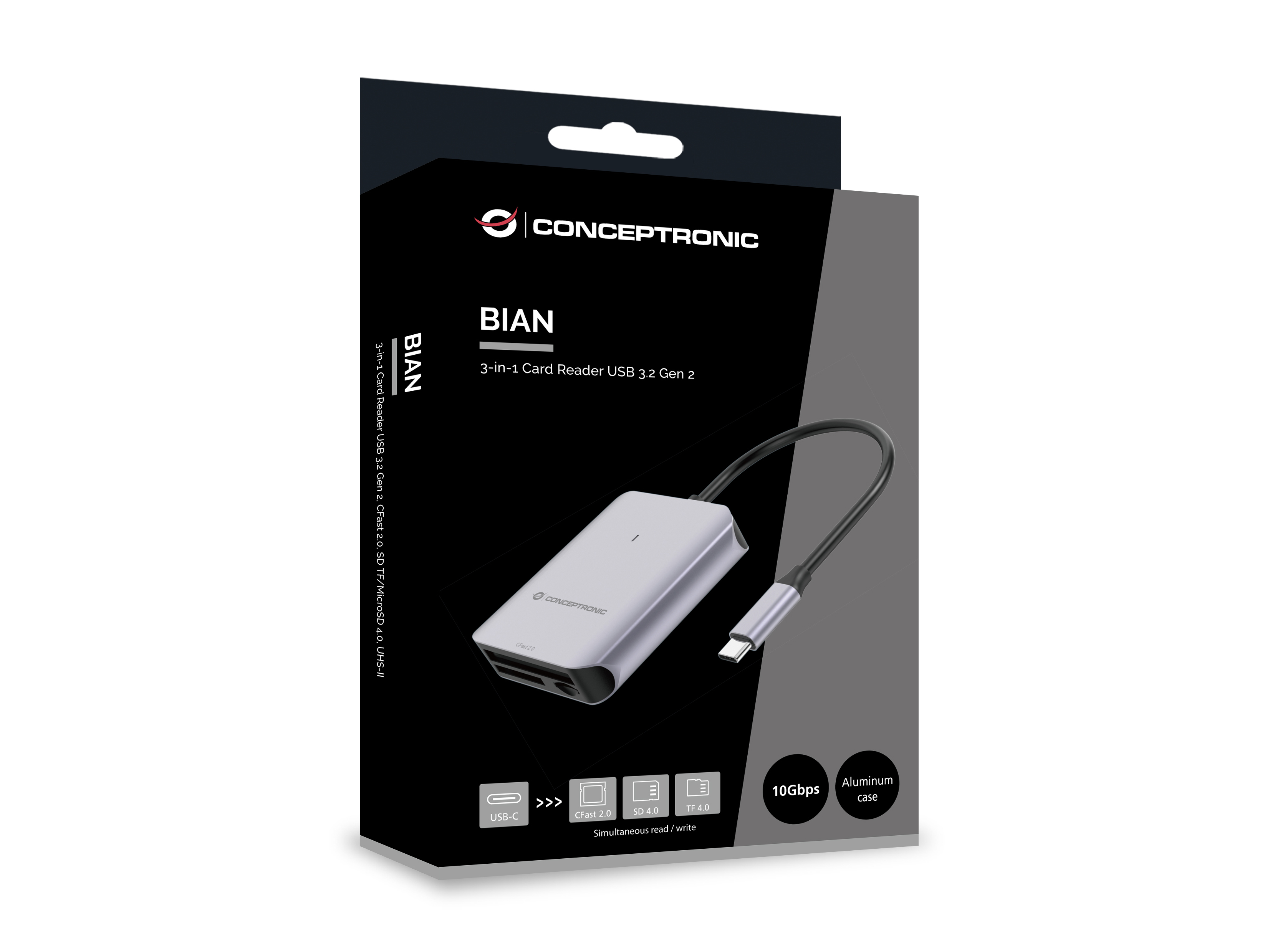 Conceptronic Card USB 3.2 Gen2 CFast SD/TF 4.0 UHS-II - Card-Reader - CompactFlash ATA Serial Transfer (CFast)