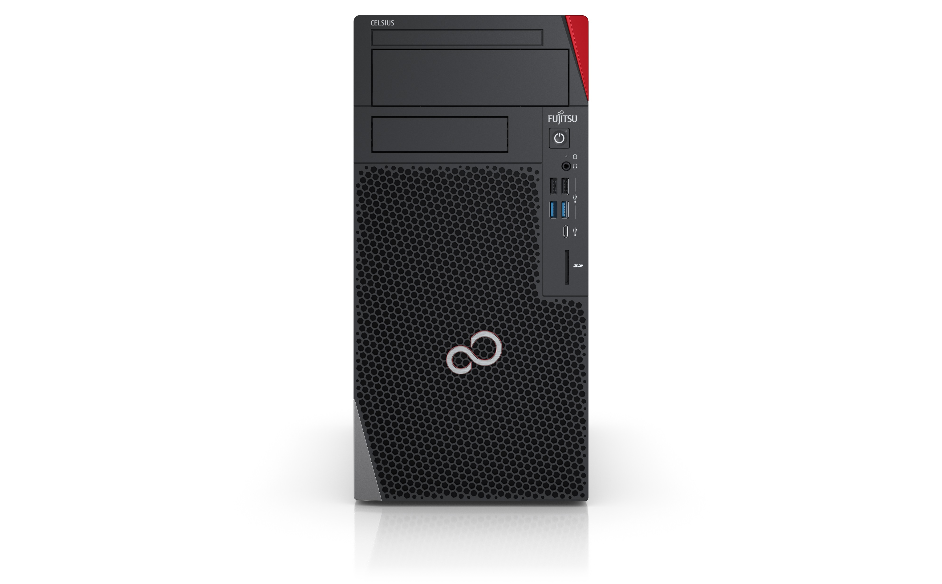 Fujitsu CELSIUS W5010 i7-10700K Escritorio Intel Core i7 32 GB DDR4-SDRAM 512 GB SSD Windows 10 Pro Puesto de trabajo Negro, Rojo
