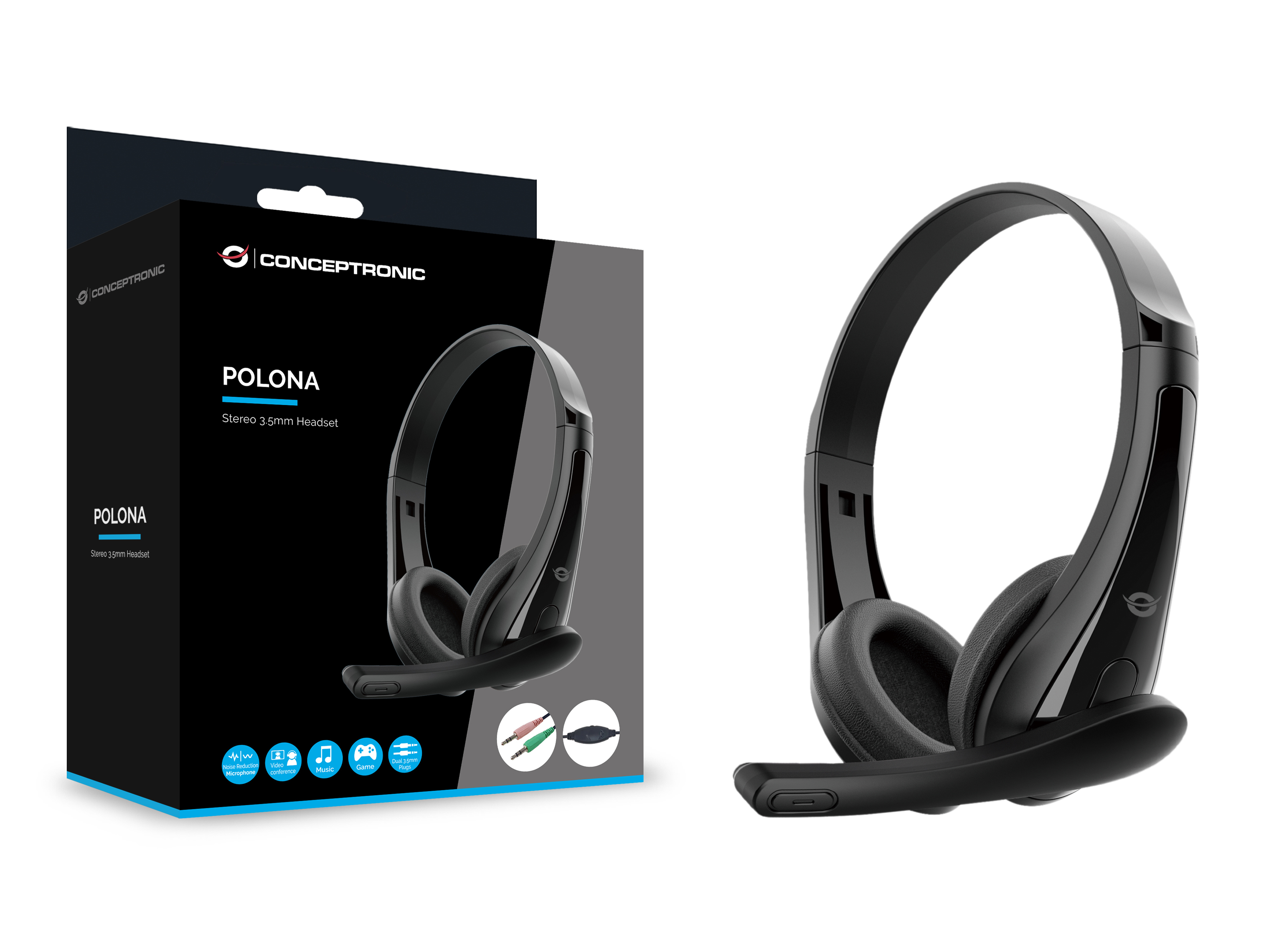 Conceptronic POLONA06B3T Stereo 3.5mm Headset, Noise Reduction Microphone