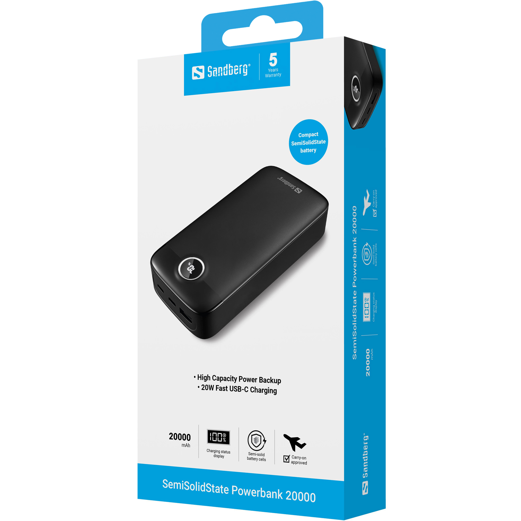 Sandberg 421-49 banque dalimentation �lectrique Semi-solide 20000 mAh Noir