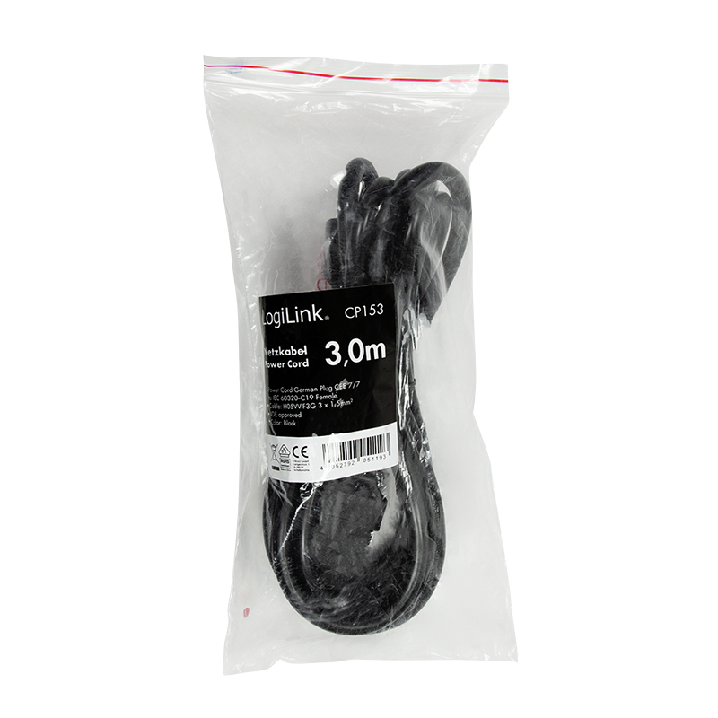 LogiLink CP153 cable de transmisi�n Negro 3 m CEE7/7 C19 acoplador