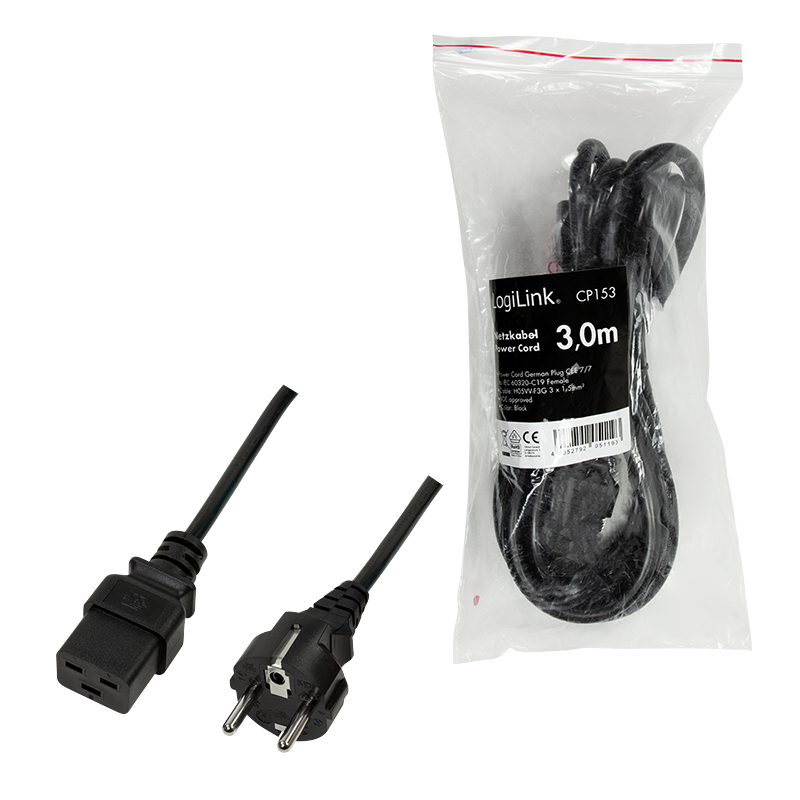 LogiLink CP153 cable de transmisi�n Negro 3 m CEE7/7 C19 acoplador