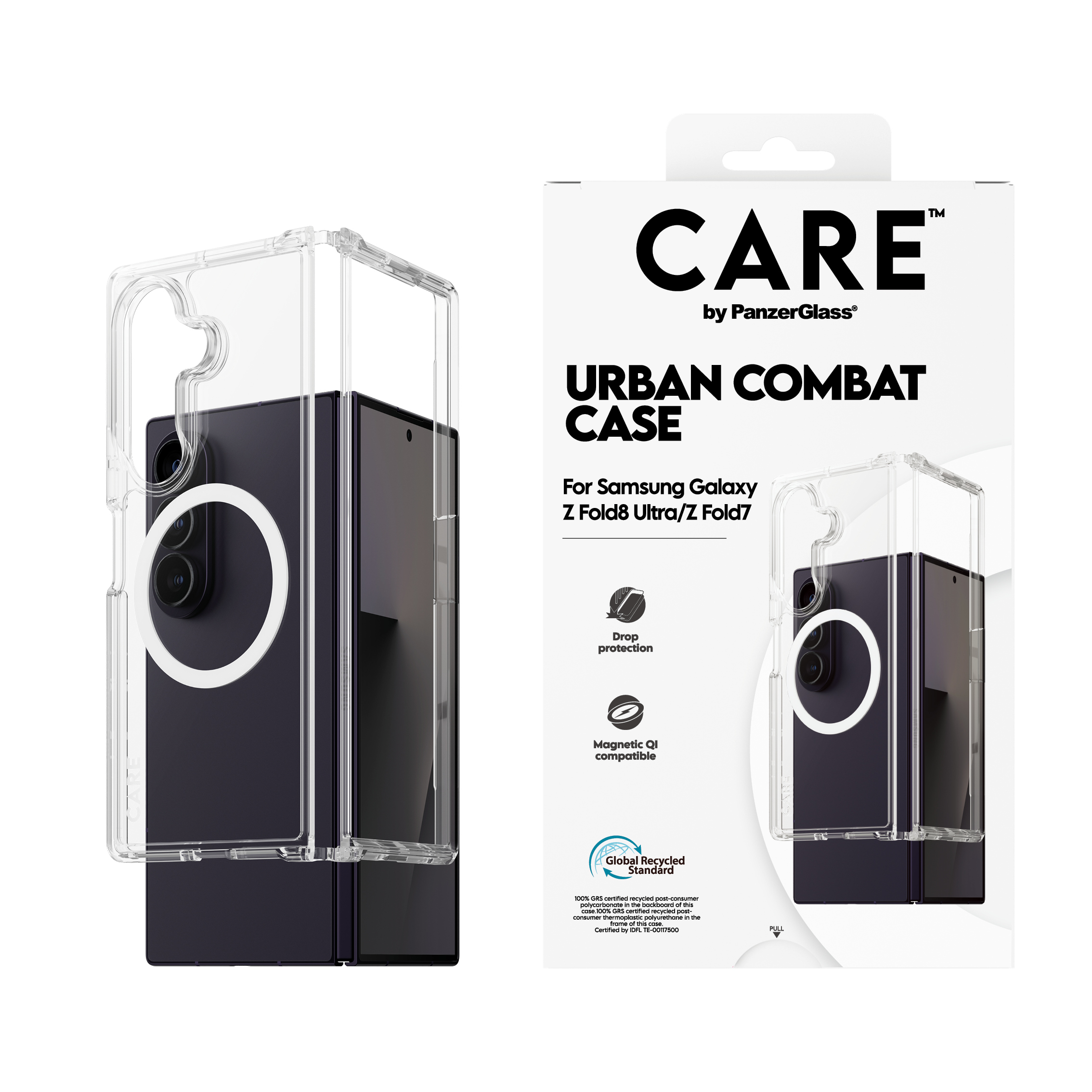 PanzerGlass CARE by � Urban Combat Case Transparent w. White Qi Samsung Galaxy Fold8 Ultra | Fold7 funda para tel�fono m�vil Transparente