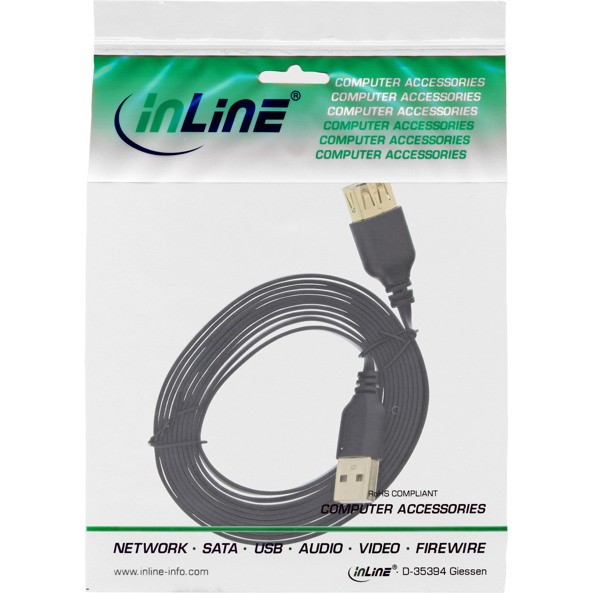 InLine USB 2.0 Flat Cable Type A male / female gold plated black 1m