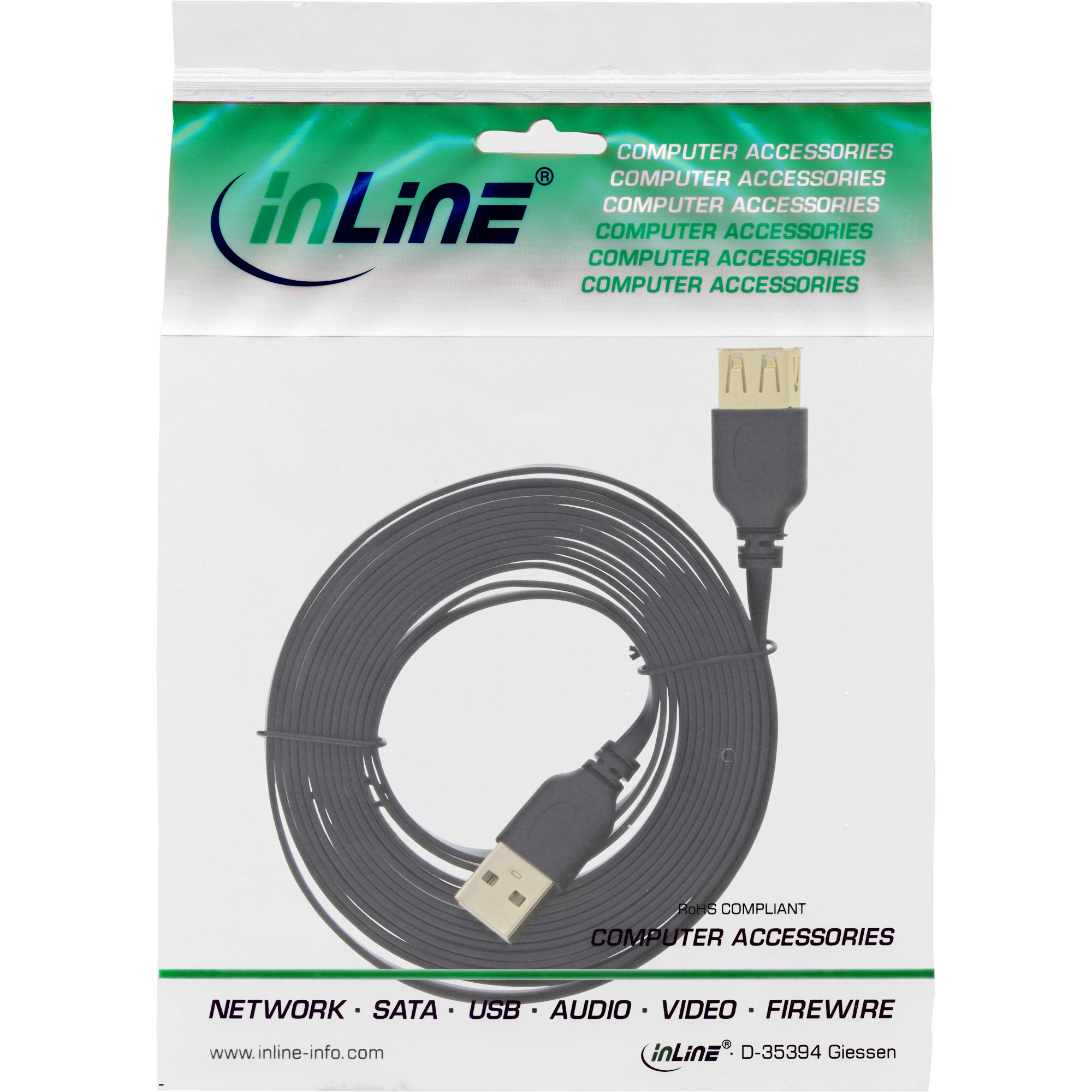 InLine USB 2.0 Flat Cable Type A male / female gold plated black 1m