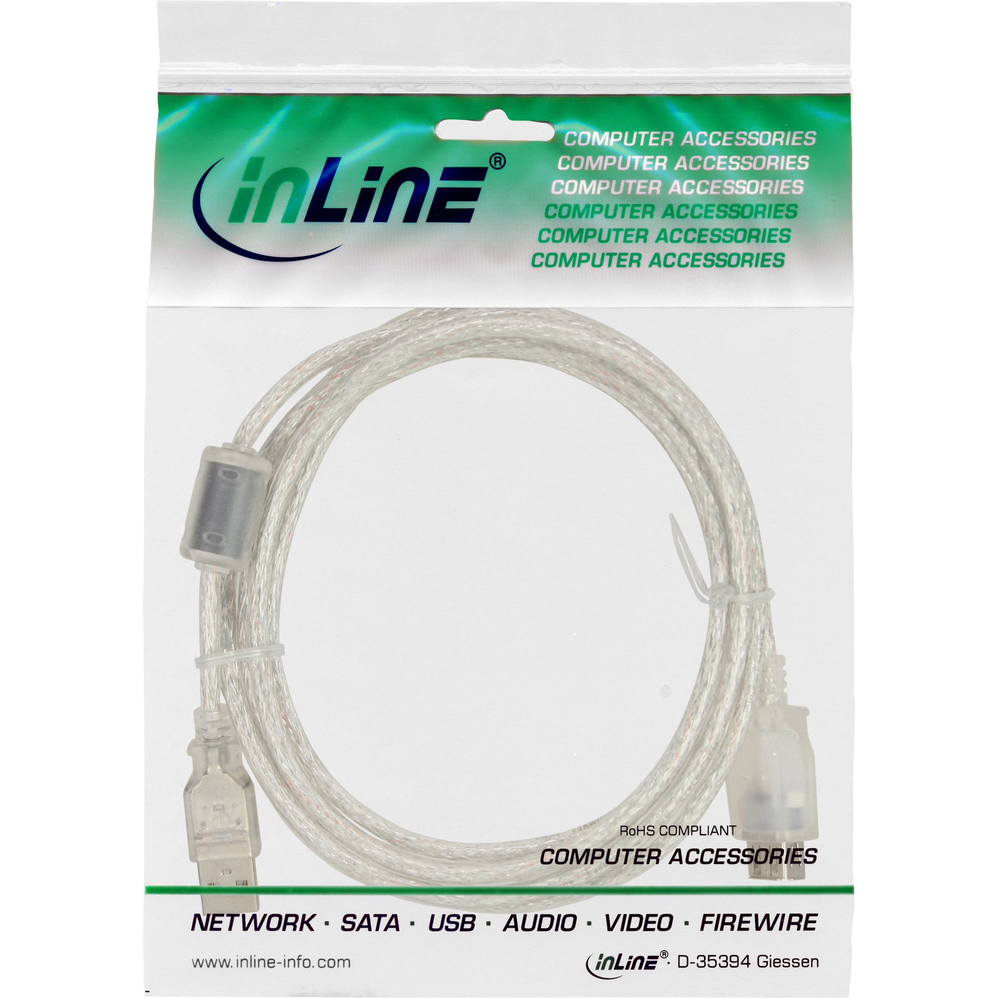 InLine USB 2.0 Extension Cable Type A M/F, transparent, w/ferrite, 3m