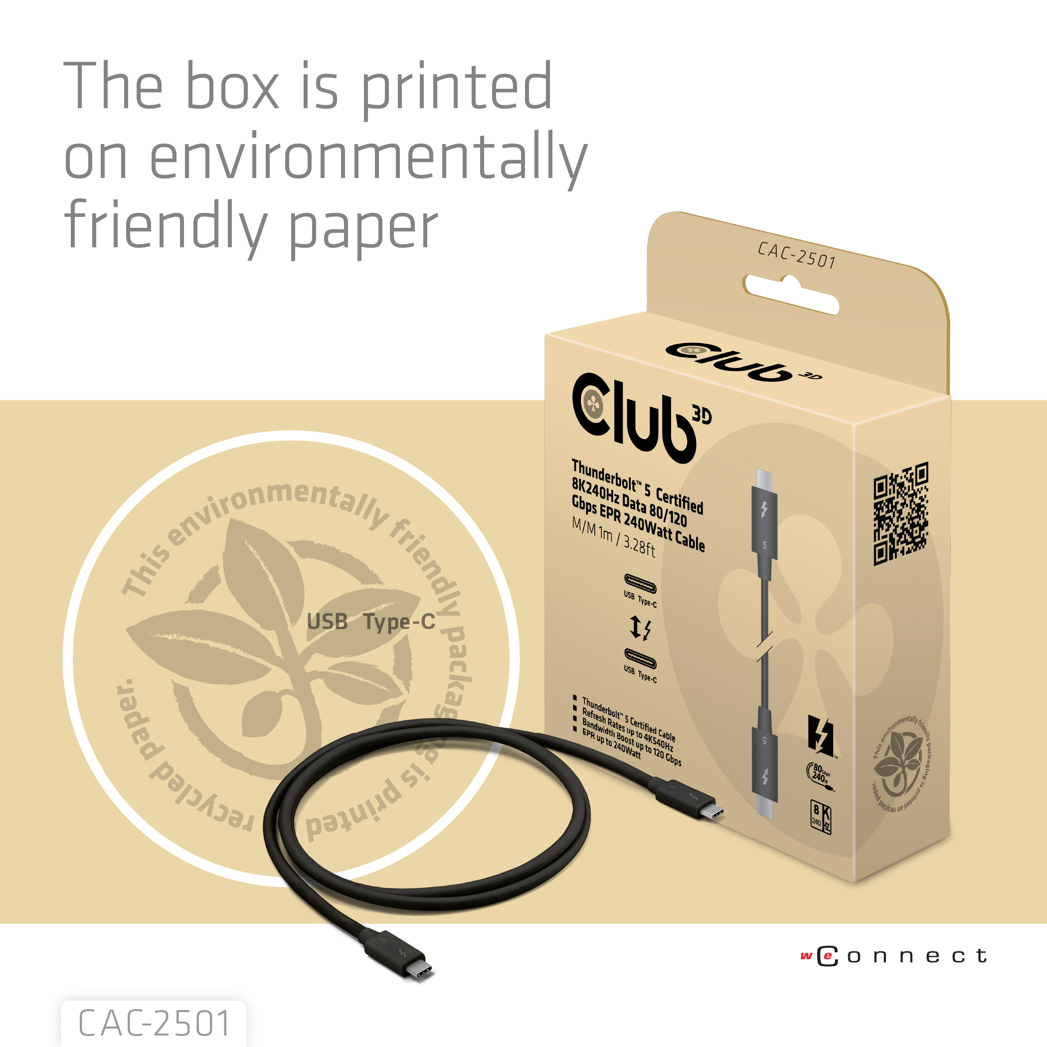 CLUB3D Thunderbolt 5 Certified 8K240Hz Data 80/120 Gbps EPR 240 Watt Cable M/M 1m / 3.28ft