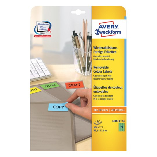 Avery L6033-20 etichetta autoadesiva Rettangolo con angoli arrotondati Rimovibile Verde 480 pz