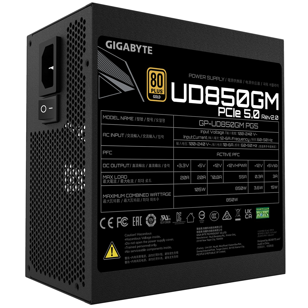 GIGABYTE UD850GM PG5 V2 Fuente de Alimentaci�n PCIe Gen 5.1, 80 PLUS Gold, Dise�o completamente modular, Ventilador de 120 mm, Compatible con ATX 3.1, Enchufe EU