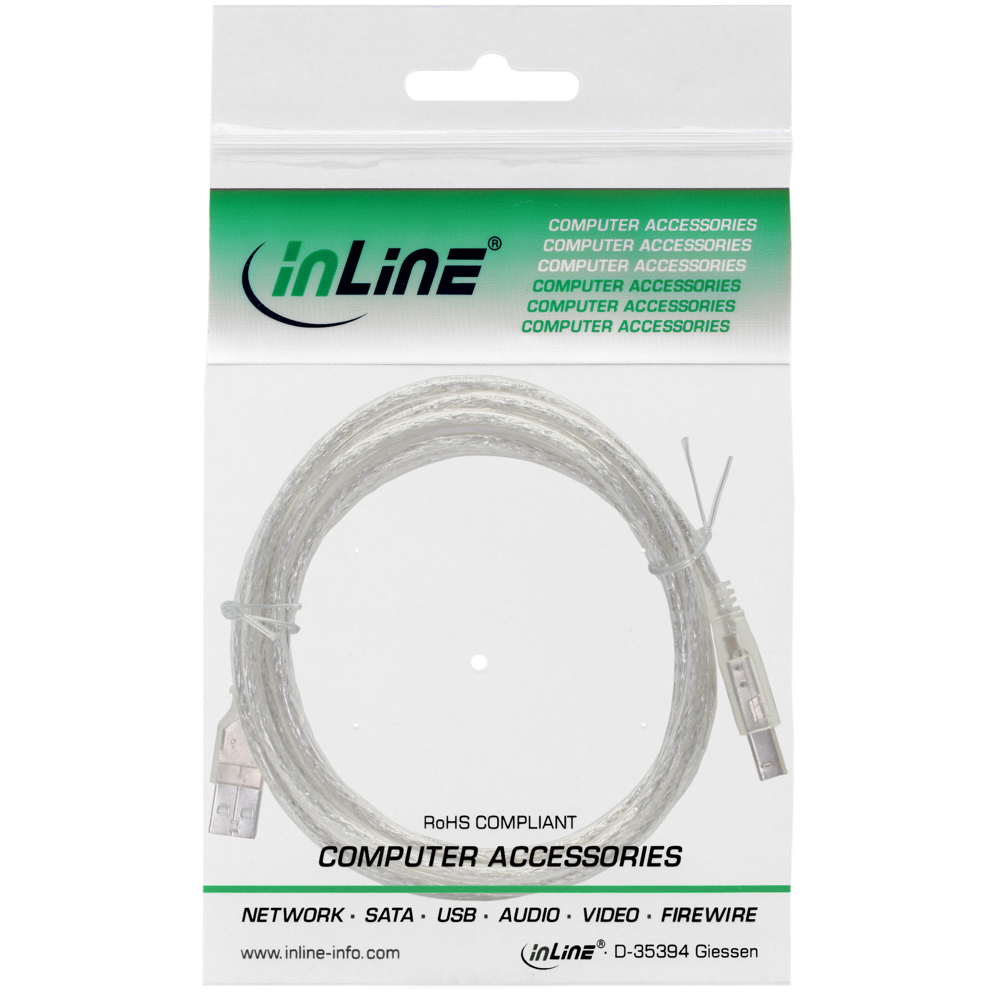 InLine USB 2.0 Cable Type A male / B male, transparent, 3m