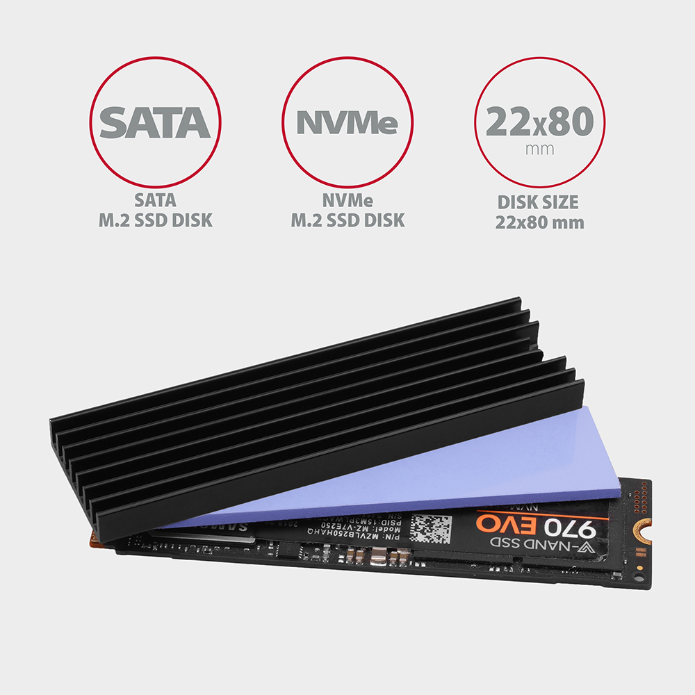 Axagon CLR-M2L6 computer cooling system M.2 NVMe SSD, Solid-state drive Heatsink/Radiatior Black 1 pc(s)