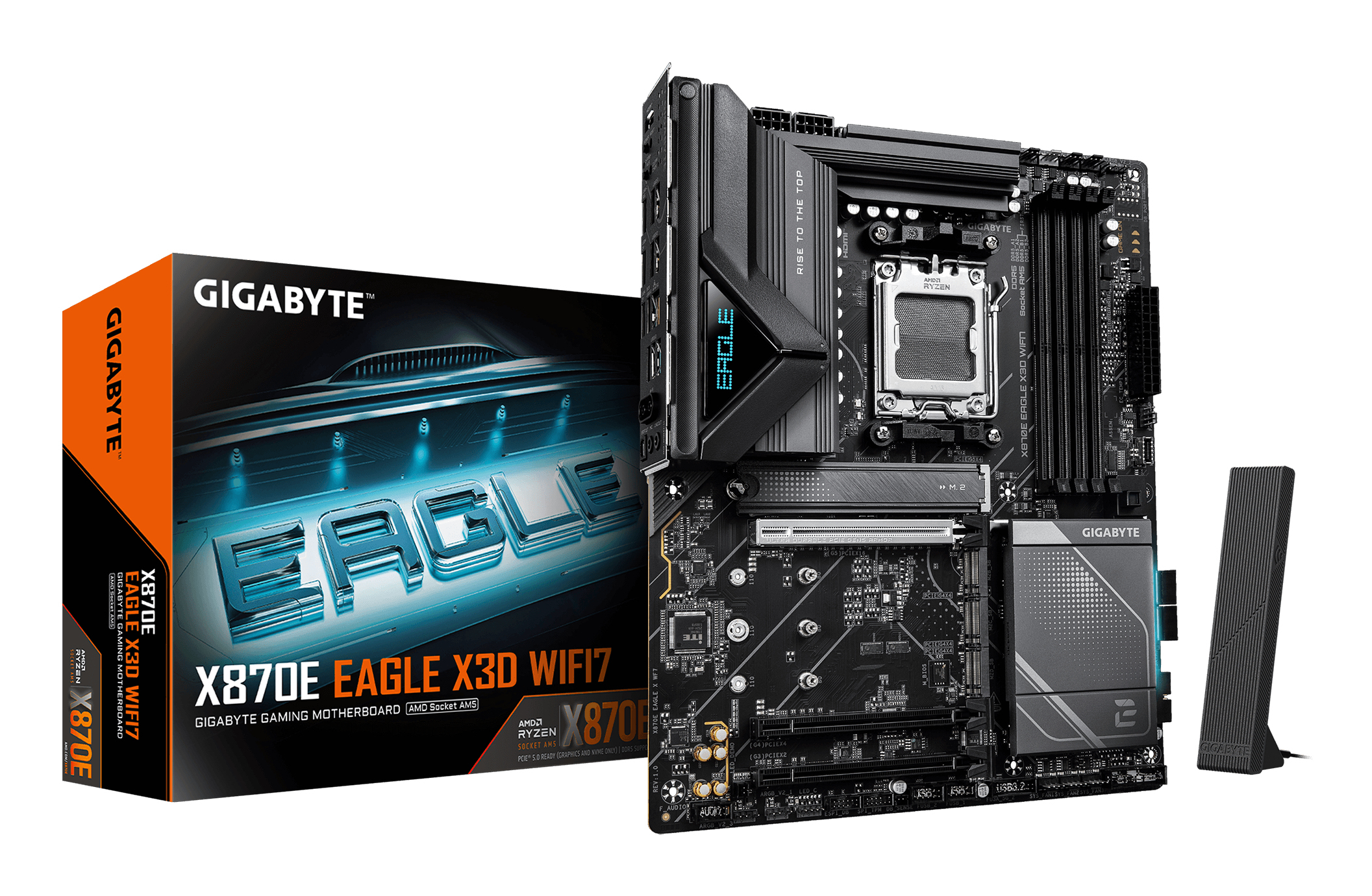 GIGABYTE X870E EAGLE X3D WIFI7 Placa Base Compatible con CPUs AMD Ryzen 9000, VRM digital de 14+2+2 fases, hasta 9000 Hz DDR5 (OC), 1� PCIe 5.0 + 3� PCIe 4.0, Wi-Fi 7, LAN 5 GbE, USB 4