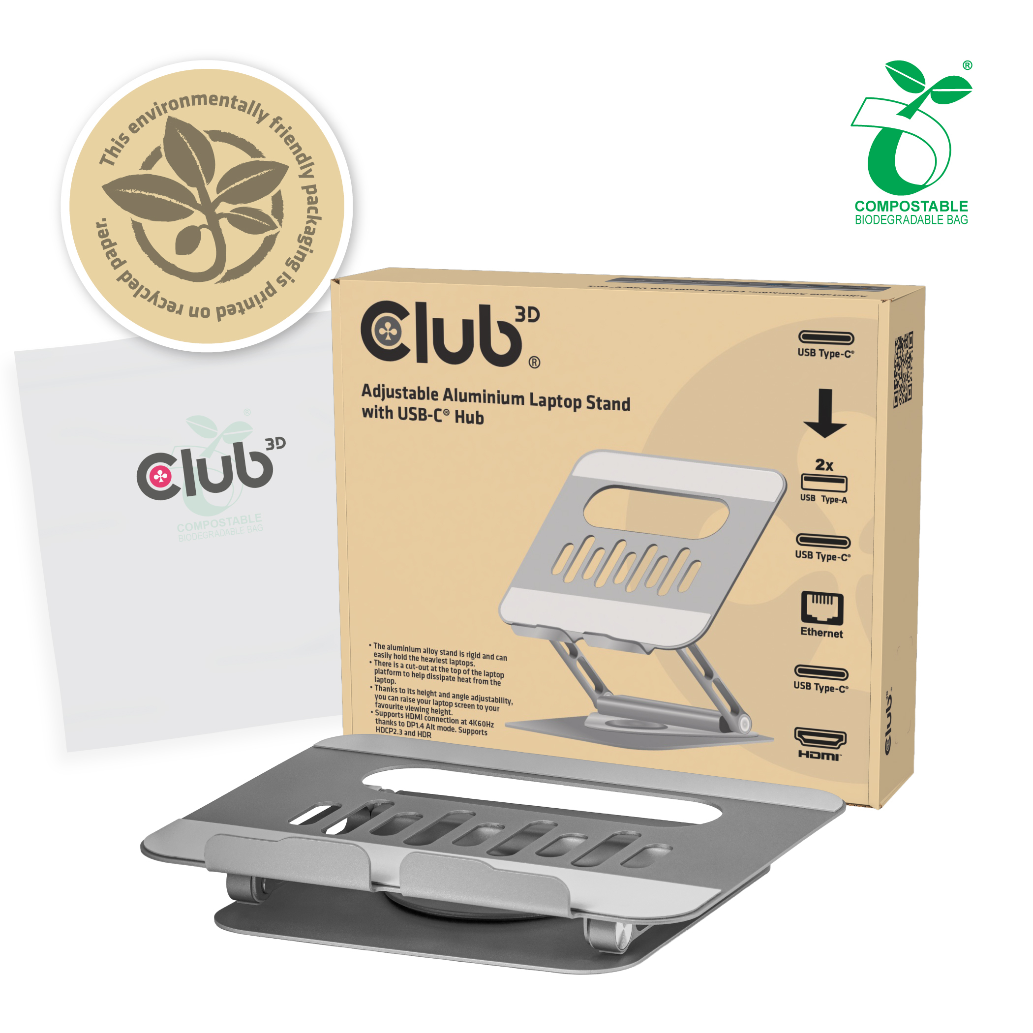 CLUB3D Adjustable Aluminium Laptop Stand with USB-C� Hub