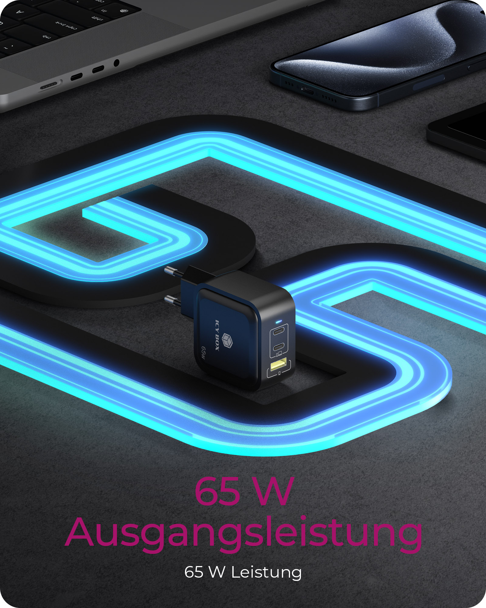 ICY BOX Ladeger�t 3-Port 65W GaN mit PD 3.0