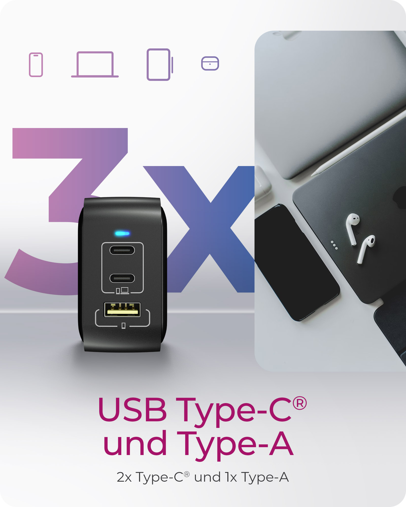 ICY BOX Ladeger�t 3-Port 65W GaN mit PD 3.0