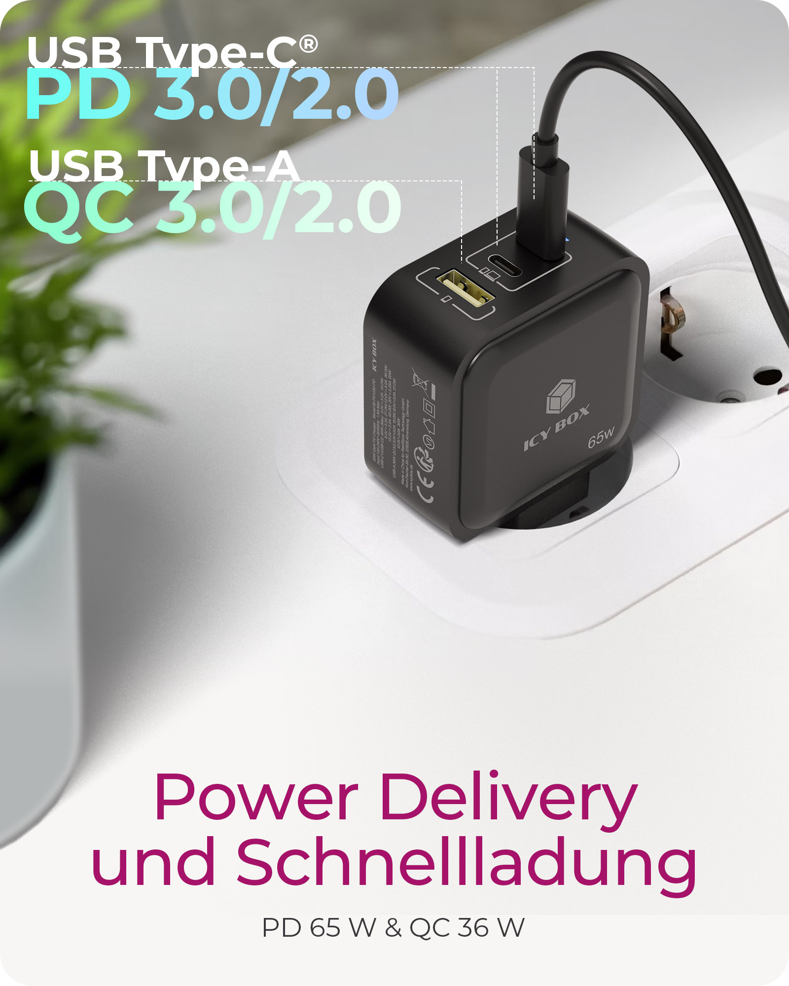 ICY BOX Ladeger�t 3-Port 65W GaN mit PD 3.0