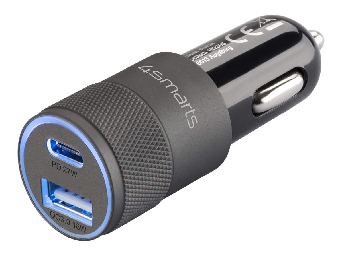 4smarts Rapid+ - Auto-Netzteil - 27 Watt - 3 A - QC 3.0, PD - 2 Ausgabeanschlussstellen (USB, 24 pin USB-C)