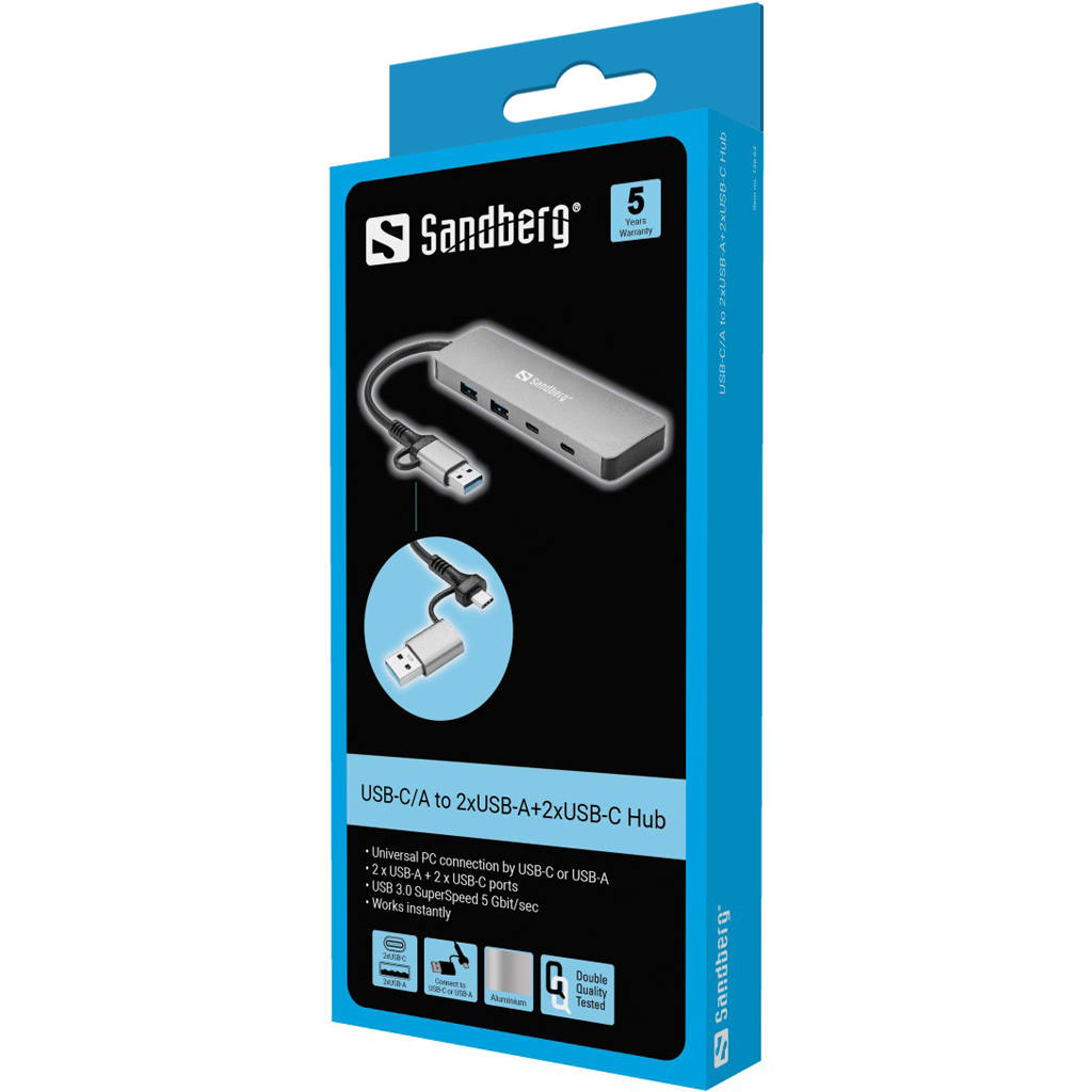 Sandberg USB-C/A to 2xUSB-A+2xUSB-C Hub USB 3.2 Gen 1 (3.1 Gen 1) Type-A + Type-C 5000 Mbit/s Aluminium